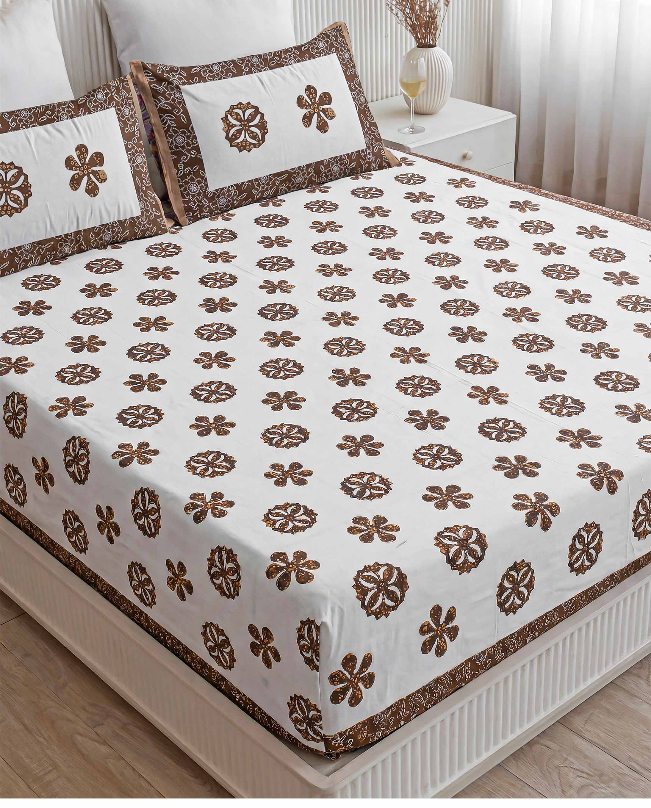 Chocolate Brown Floral Motif Pure Cotton King Size Bedsheet