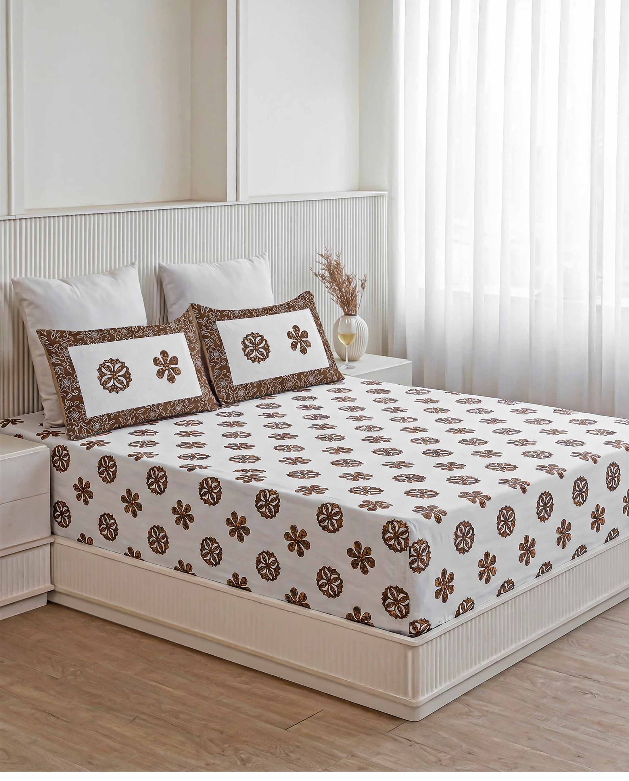 Chocolate Brown Floral Motif Pure Cotton King Size Bedsheet