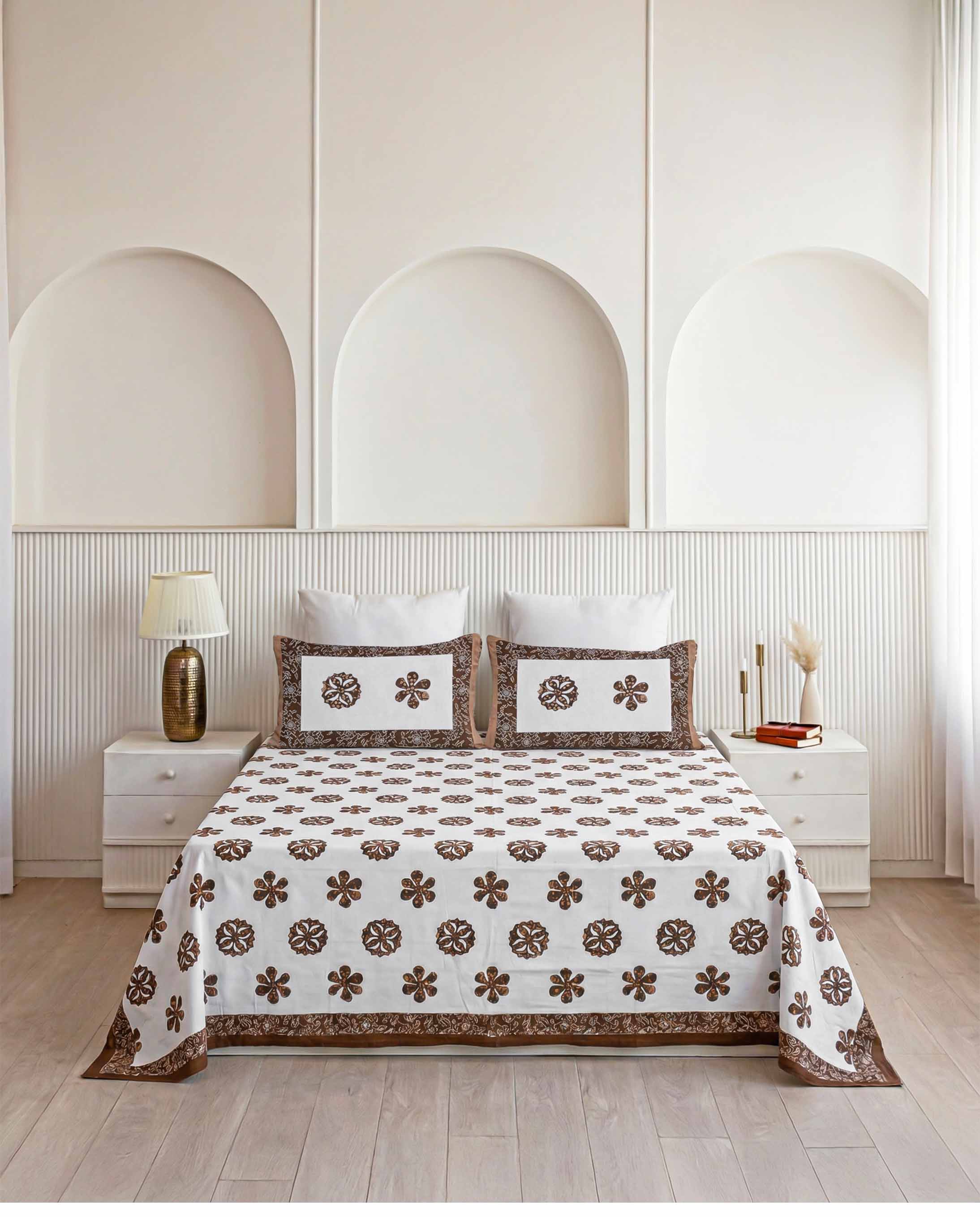 Chocolate Brown Floral Motif Pure Cotton King Size Bedsheet