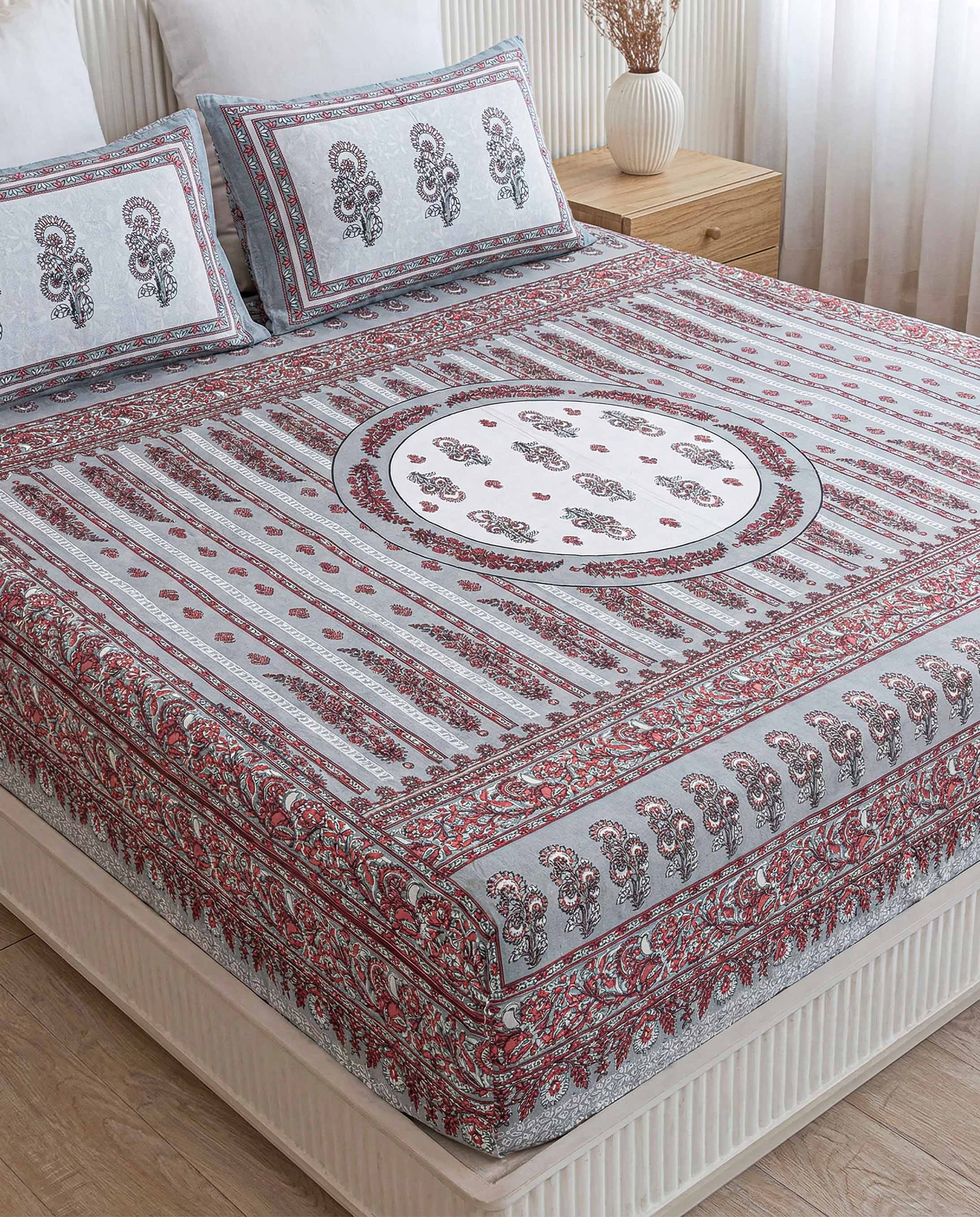 Grey & Maroon Mandala Floral Pure Cotton King Size Bedsheet