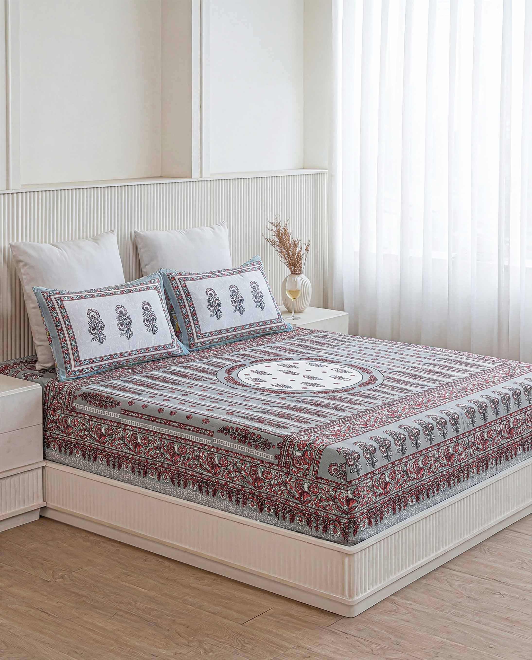 Grey & Maroon Mandala Floral Pure Cotton King Size Bedsheet