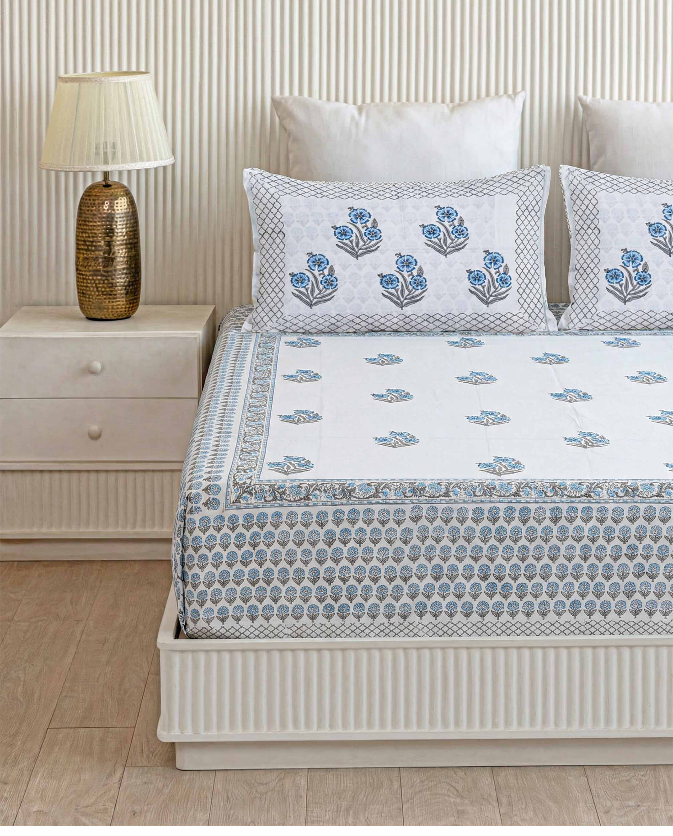 Cornflower Blue Floral Bouquet Pure Cotton King Size Bedsheet