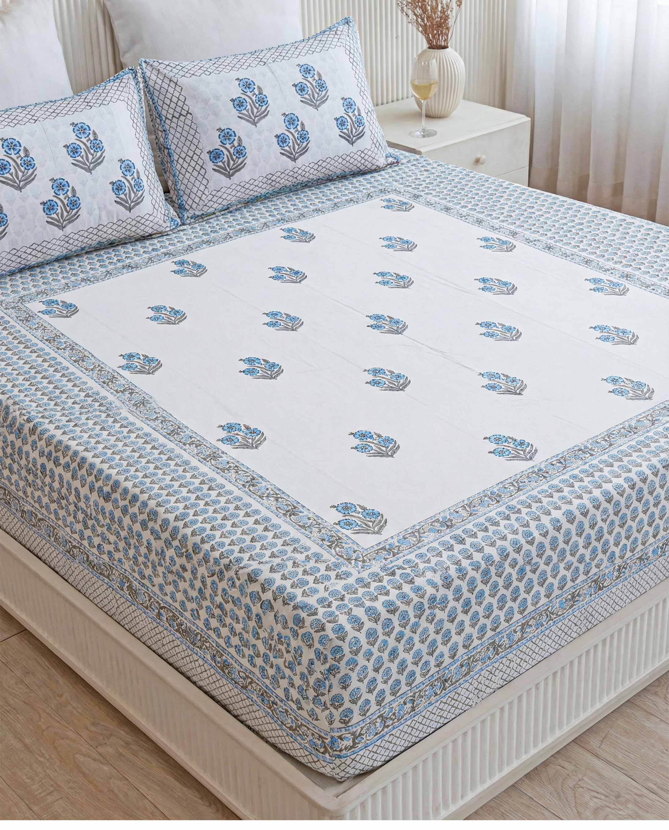 Cornflower Blue Floral Bouquet Pure Cotton King Size Bedsheet