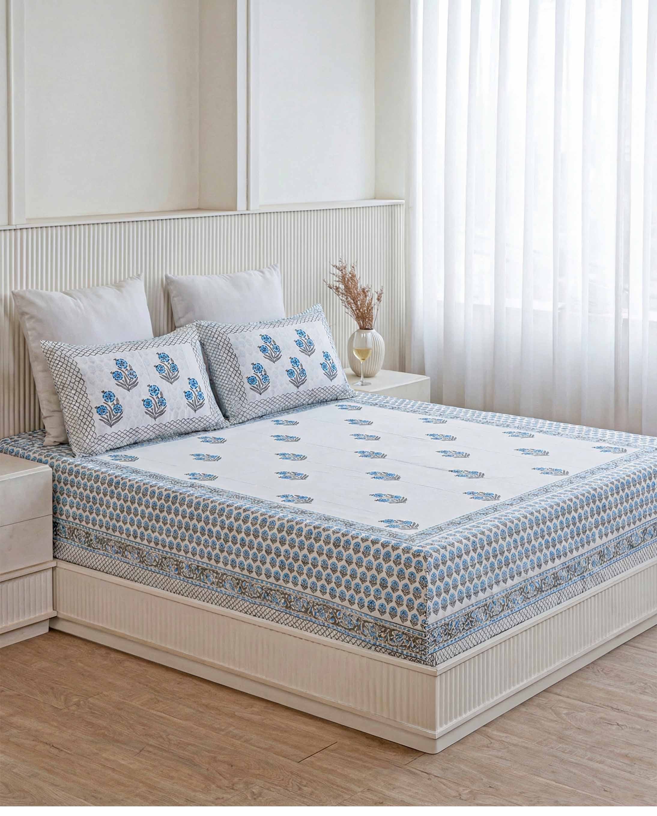 Cornflower Blue Floral Bouquet Pure Cotton King Size Bedsheet