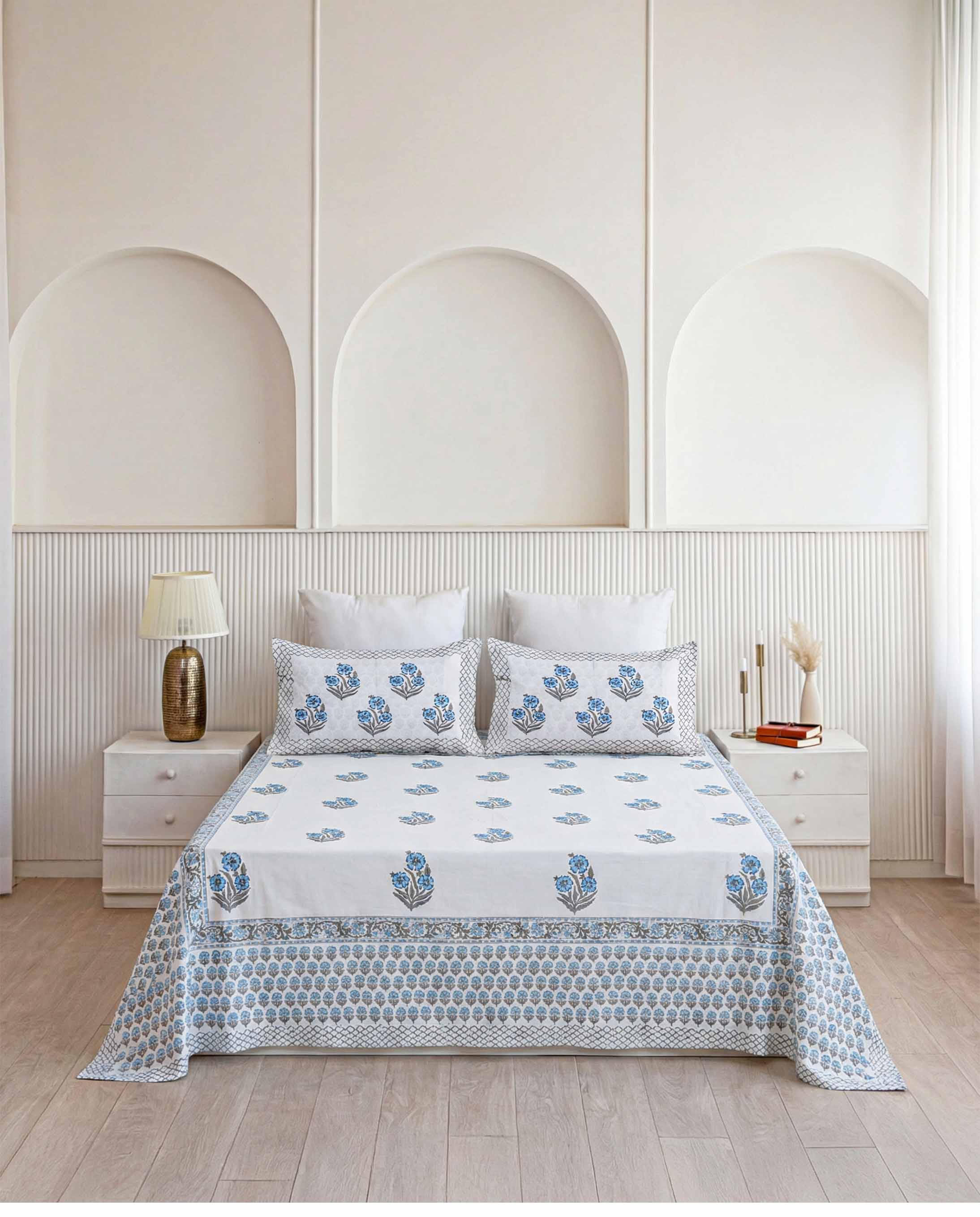 Cornflower Blue Floral Bouquet Pure Cotton King Size Bedsheet