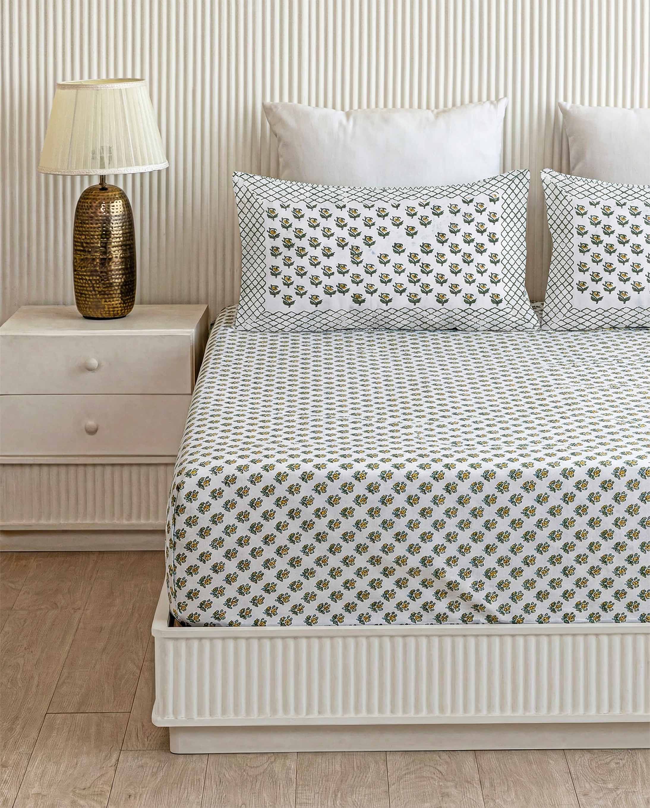 Dainty Yellow & Green Floral Sprig Pure Cotton King Size Bedsheet