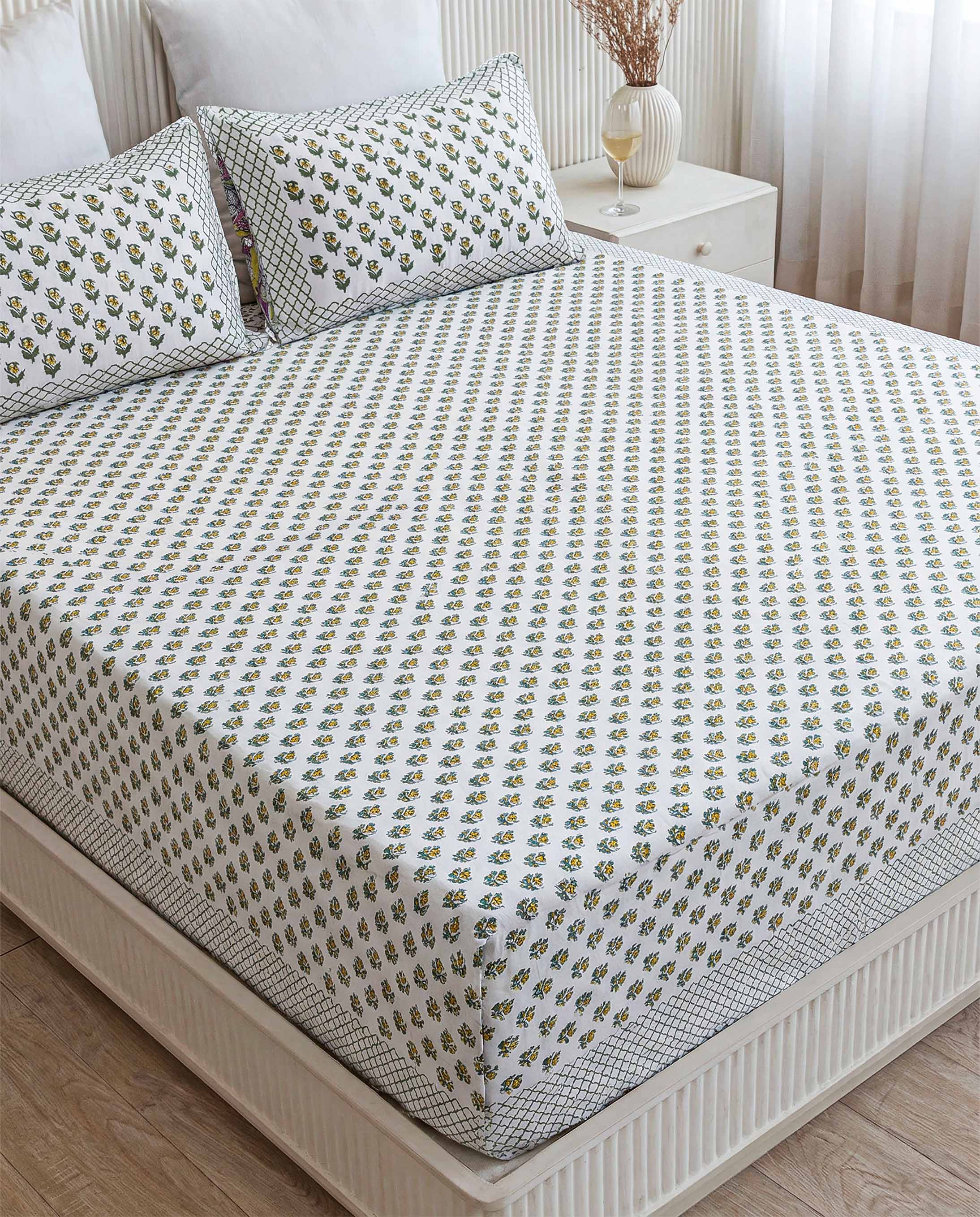 Dainty Yellow & Green Floral Sprig Pure Cotton King Size Bedsheet