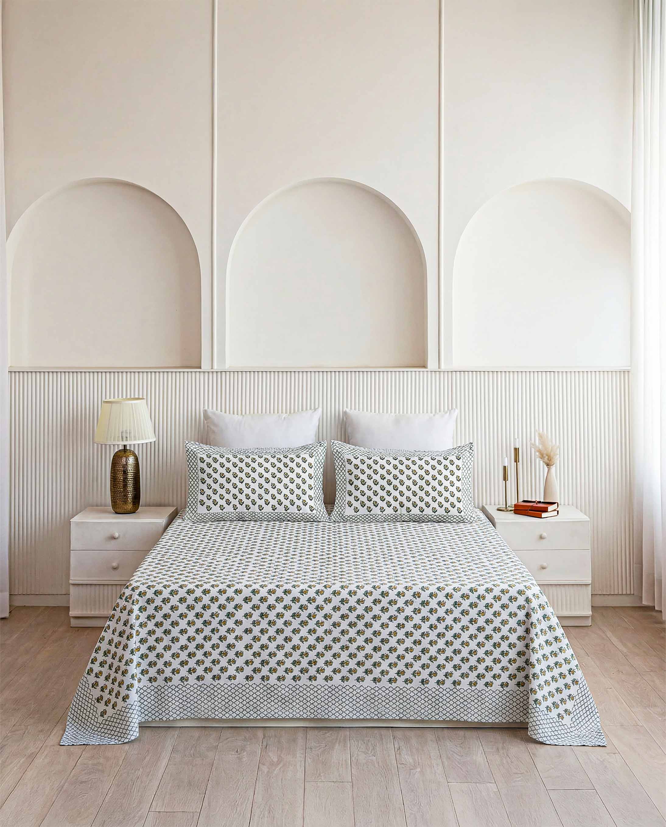 Dainty Yellow & Green Floral Sprig Pure Cotton King Size Bedsheet