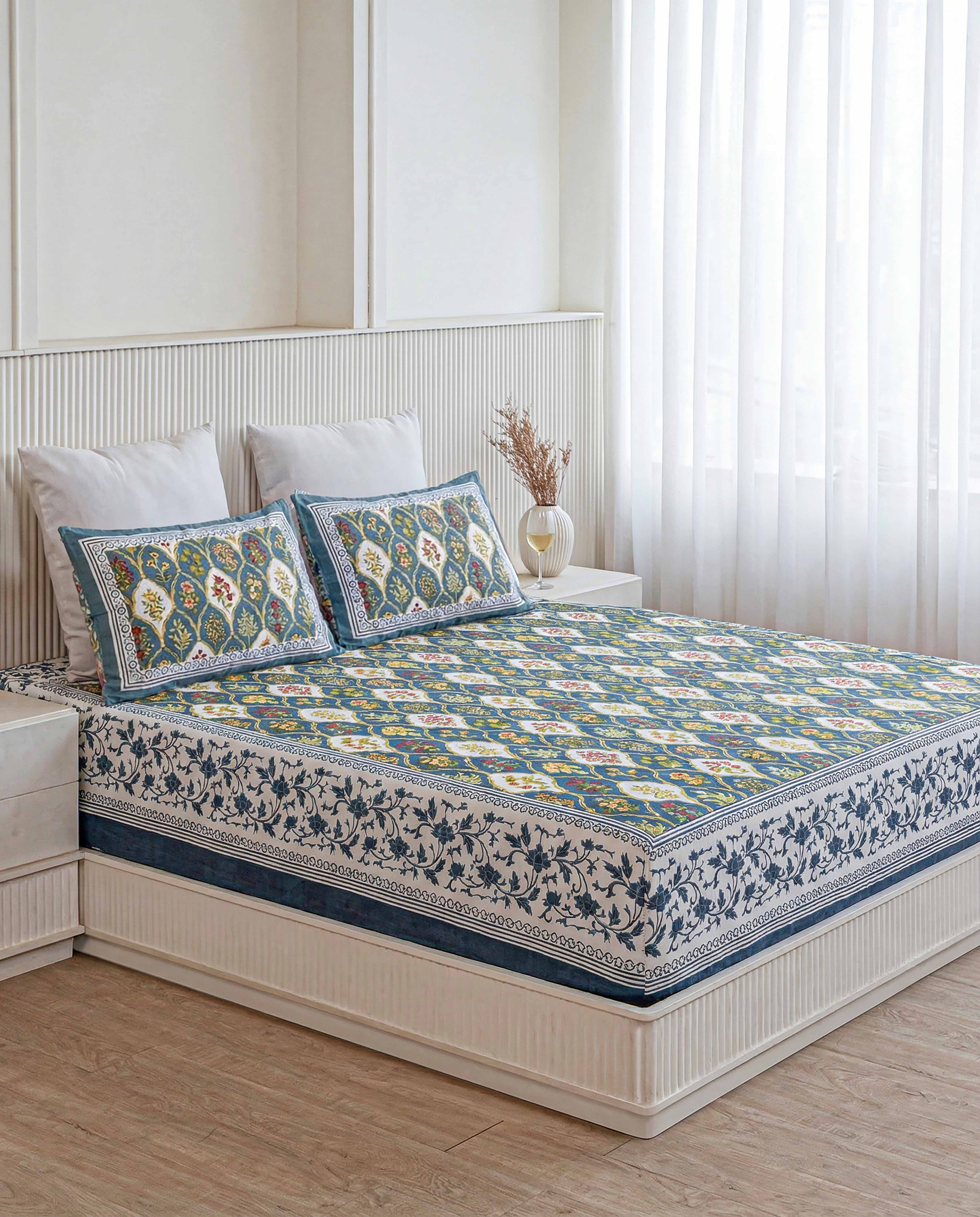Indigo Royal Arch Floral 100% Pure Cotton Double Size Bedsheet