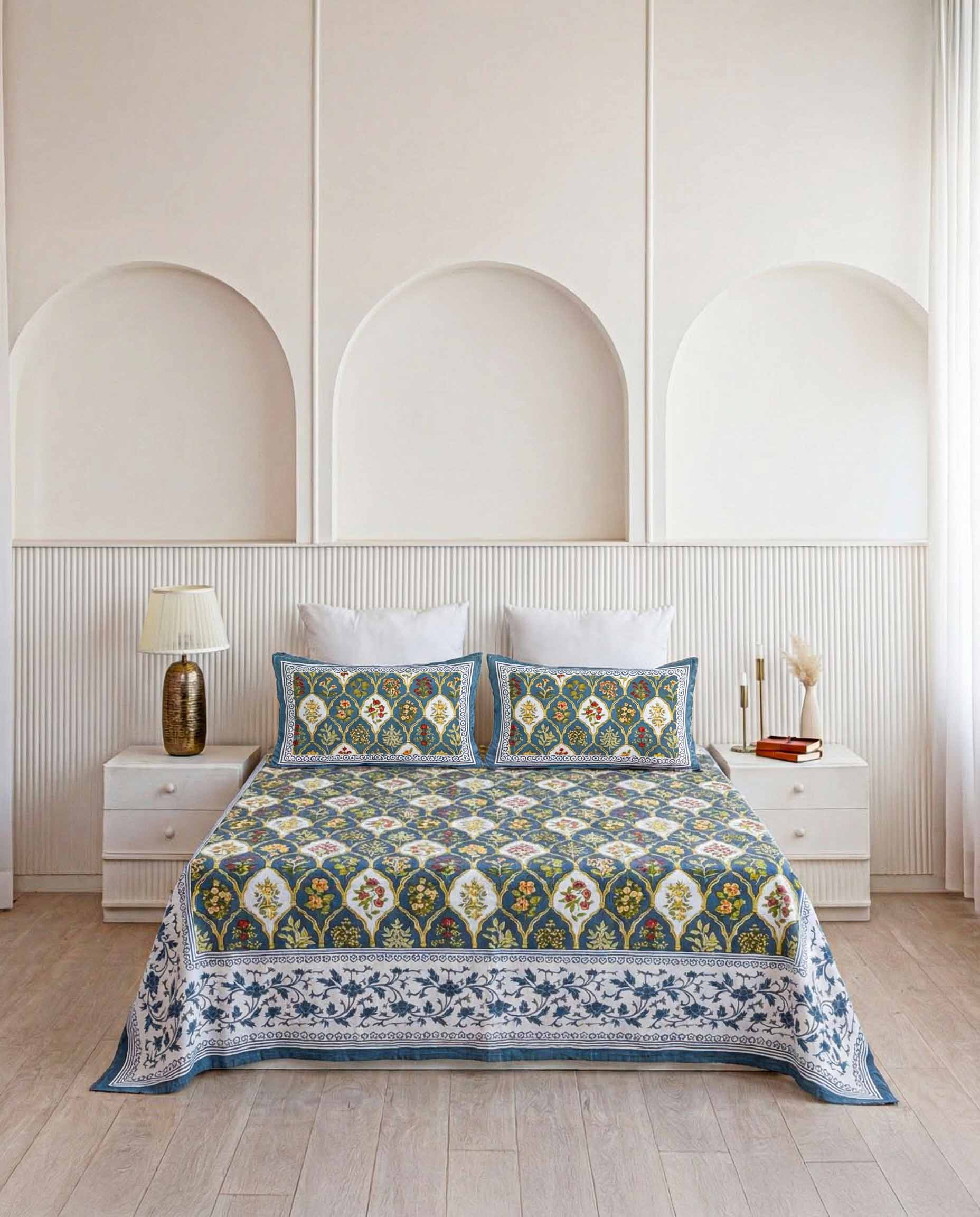 Indigo Royal Arch Floral 100% Pure Cotton Double Size Bedsheet