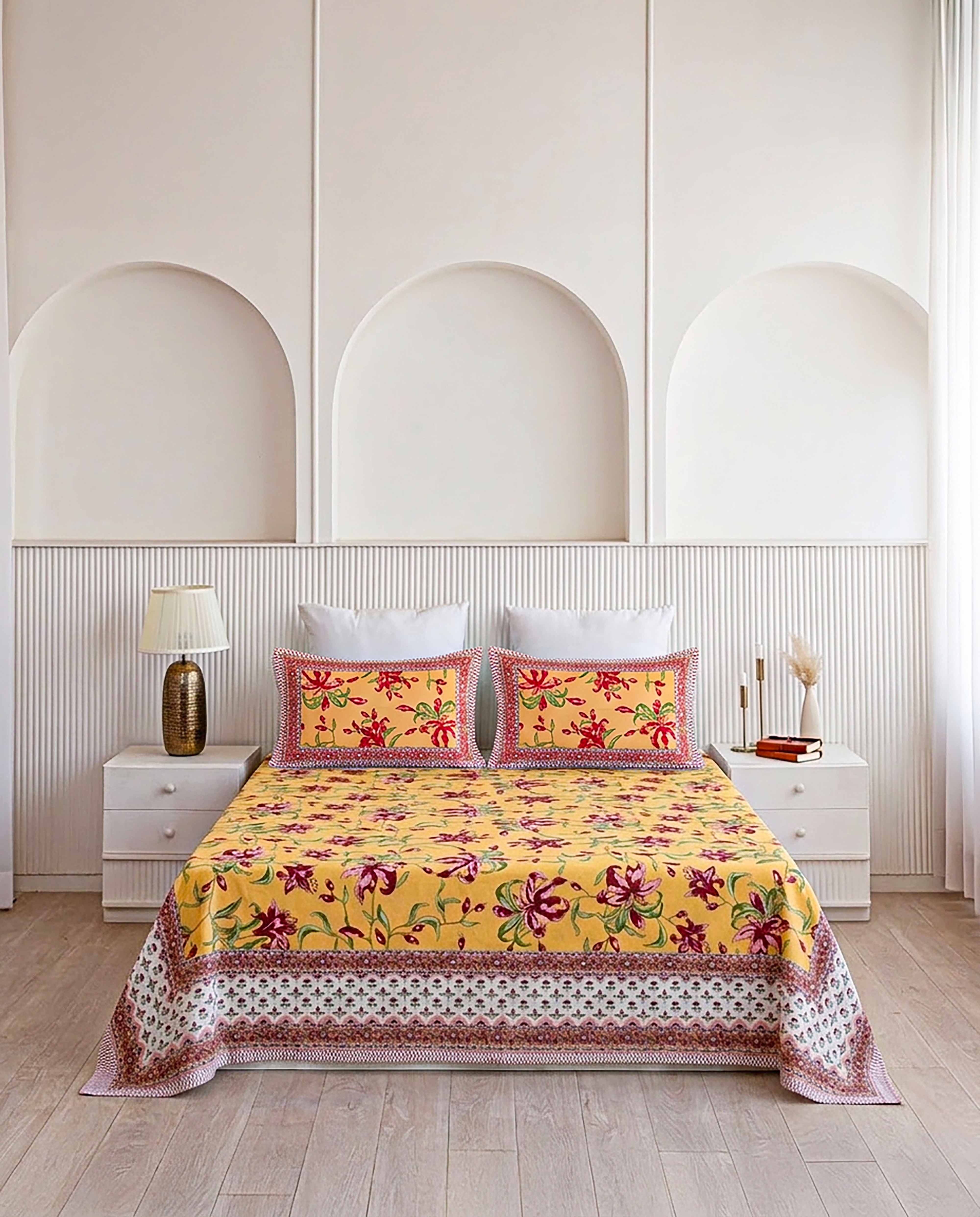 Summer Saffron Meadow 100% Pure Cotton Double Size Bedsheet