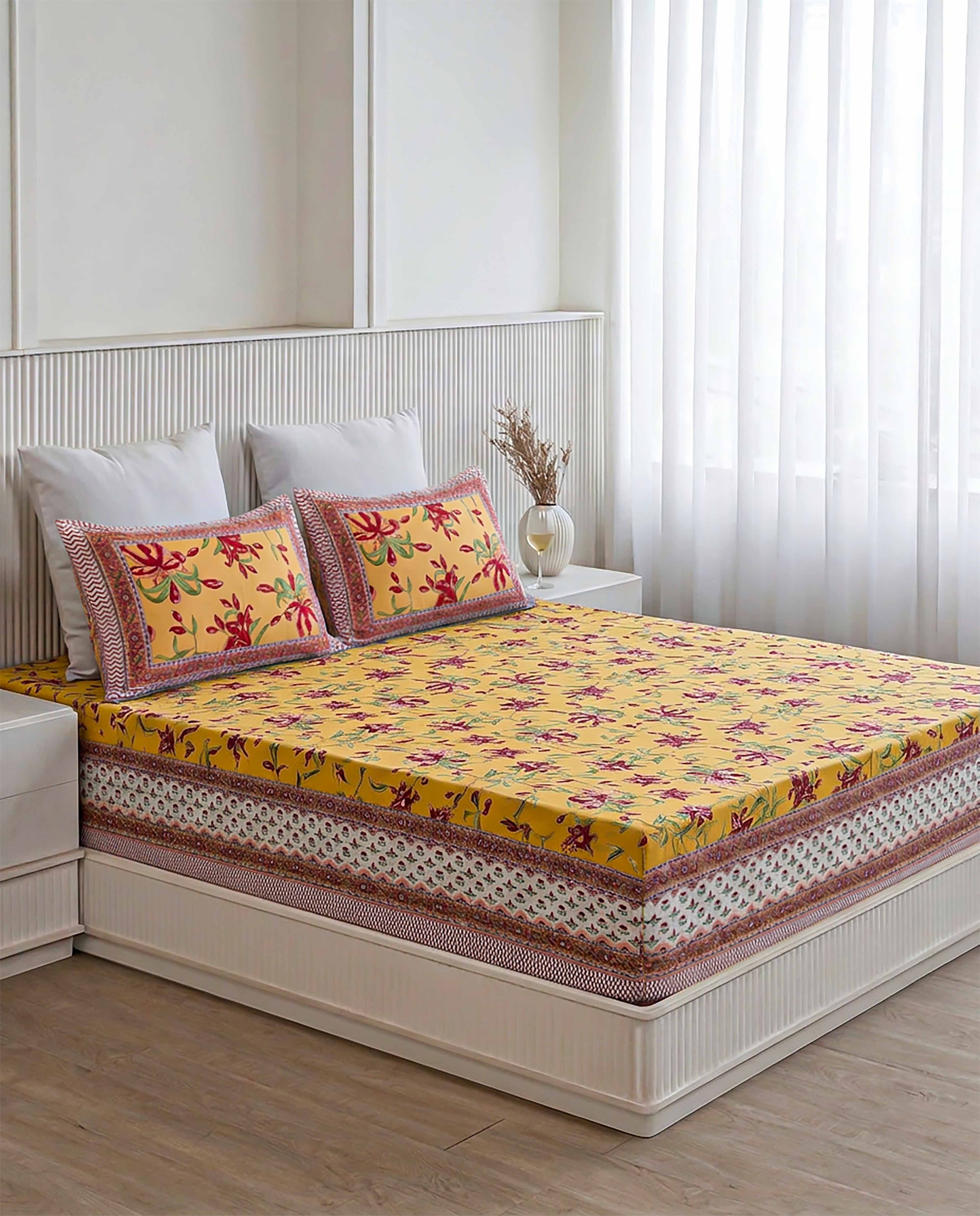 Summer Saffron Meadow 100% Pure Cotton Double Size Bedsheet