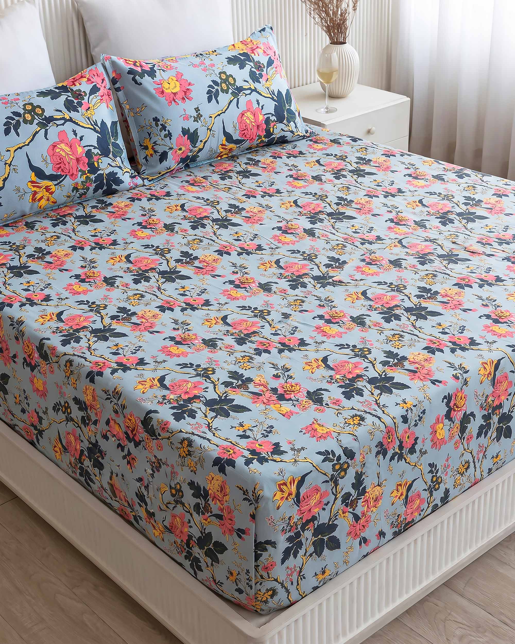 Mandakini Sky Vine King Size Pure Cotton Bedsheet