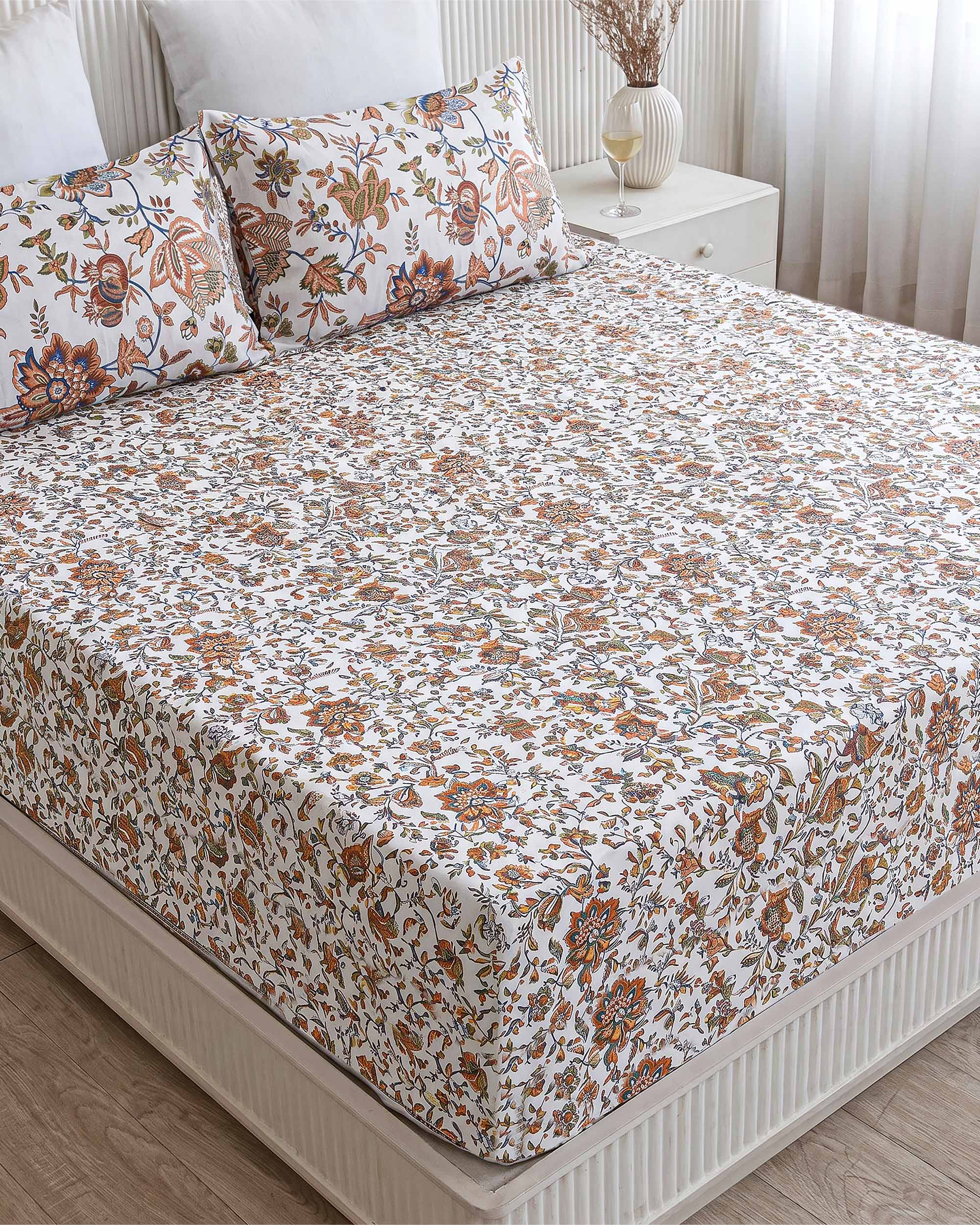 Urvashi Rust Floral King Size Pure Cotton Bedsheet