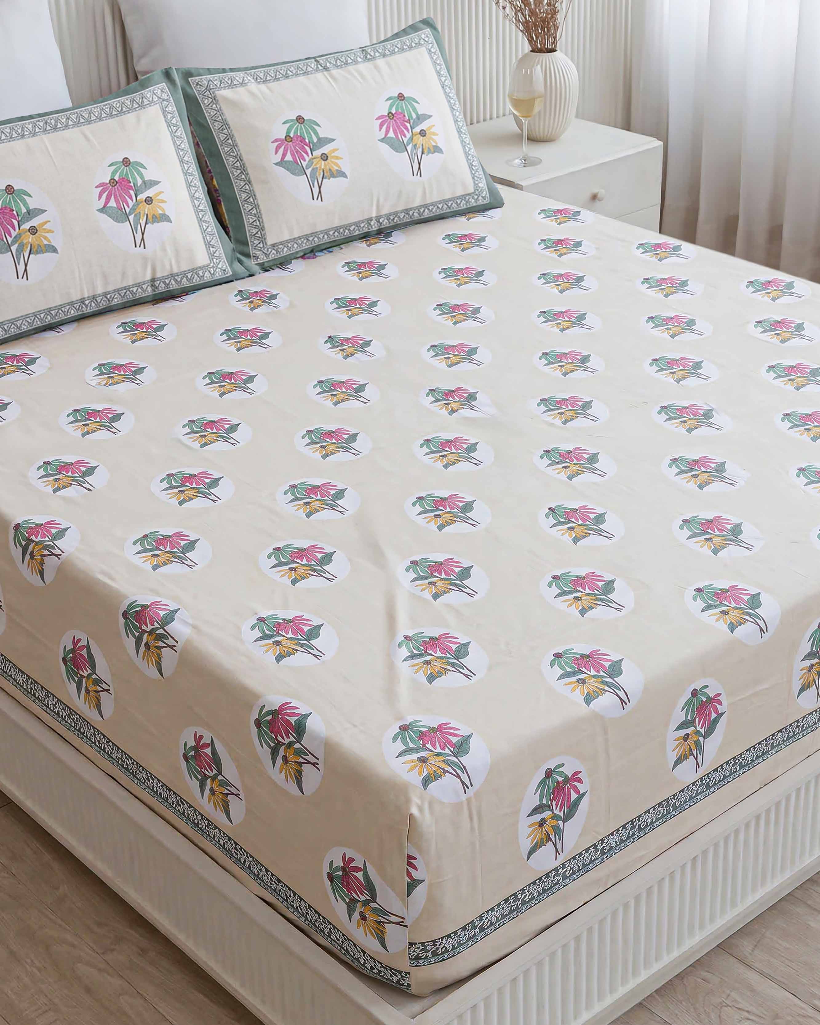 Ornate Teal Central Medallion Pure Cotton King Size Bedsheet