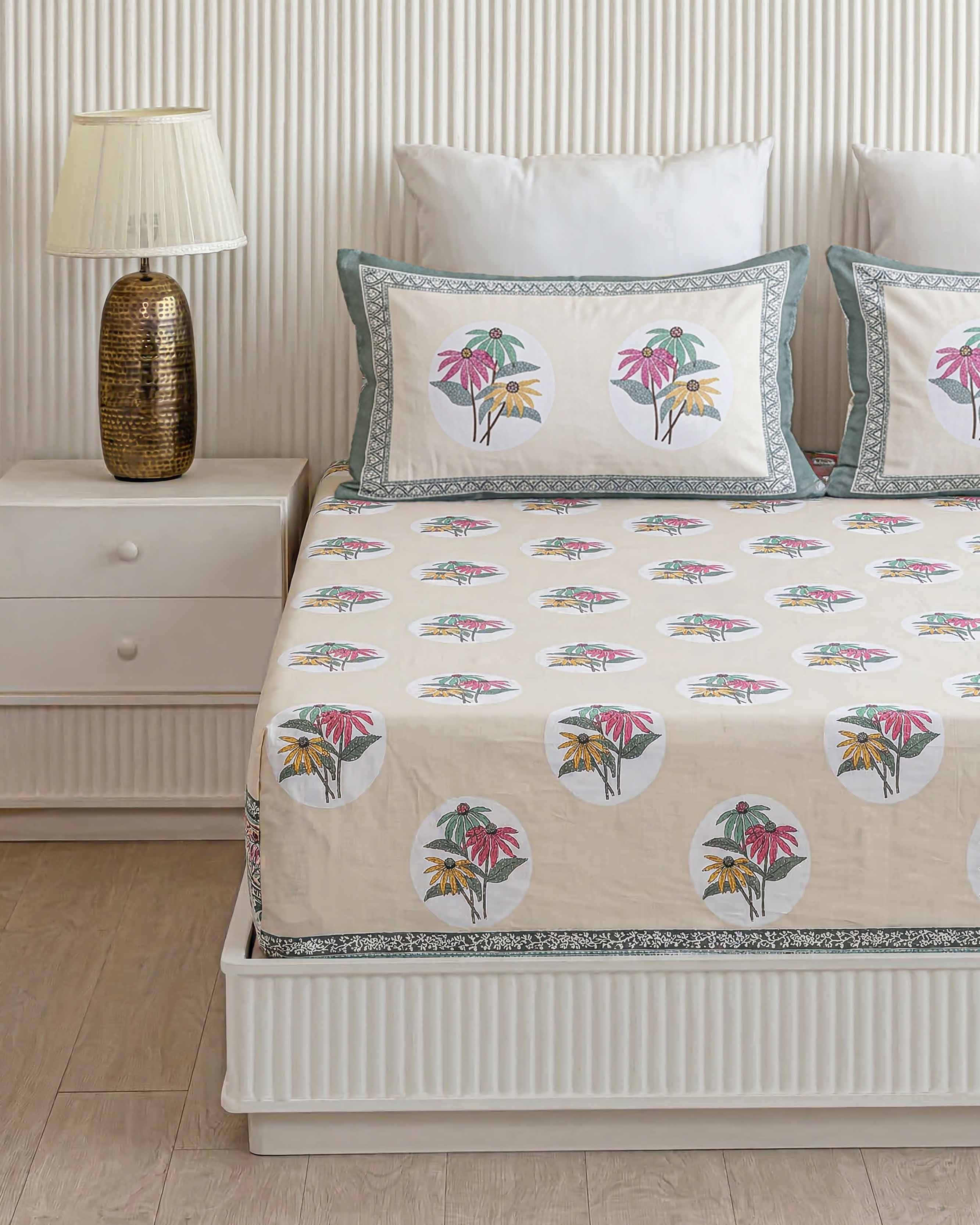 Ornate Teal Central Medallion Pure Cotton King Size Bedsheet