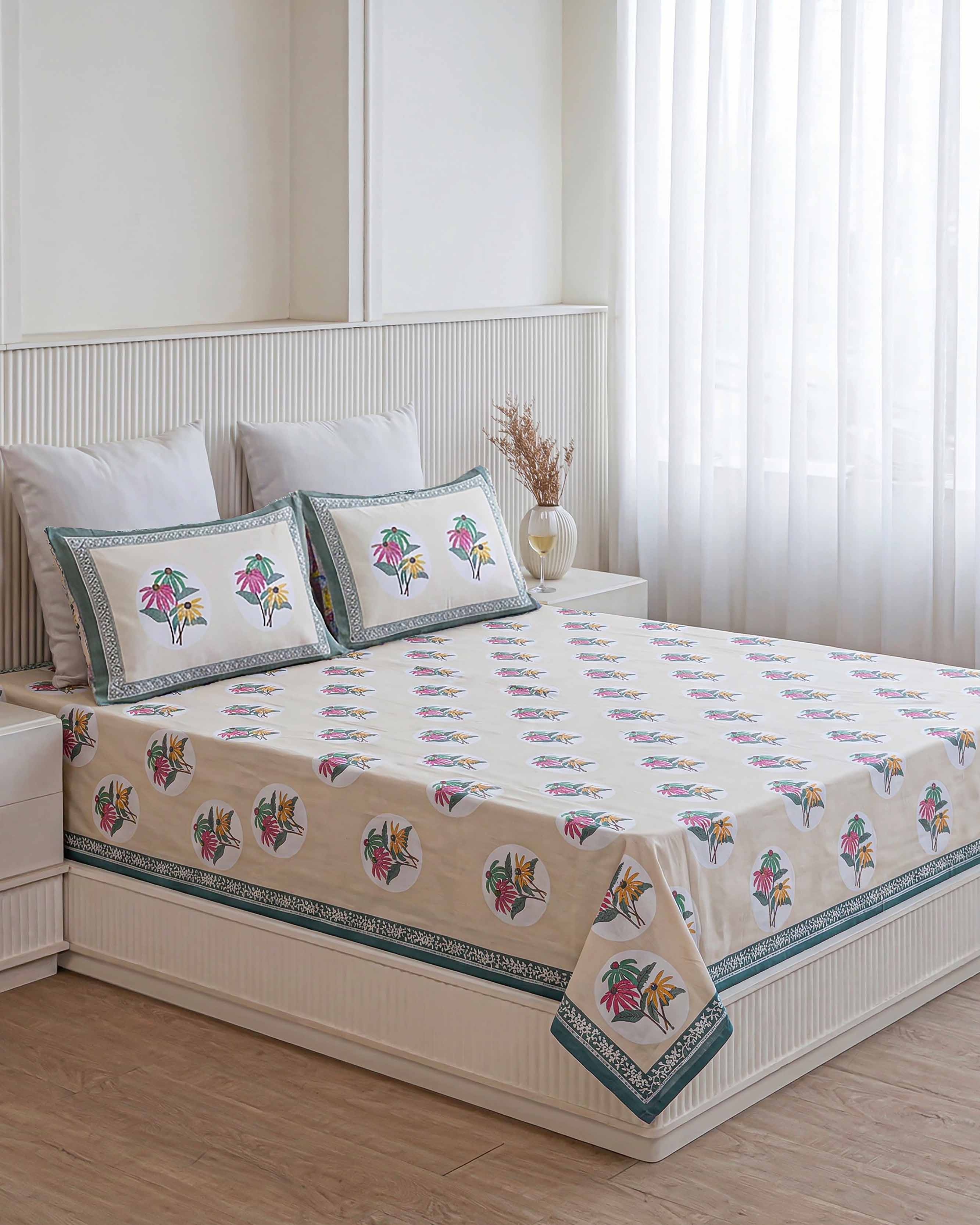 Ornate Teal Central Medallion Pure Cotton King Size Bedsheet