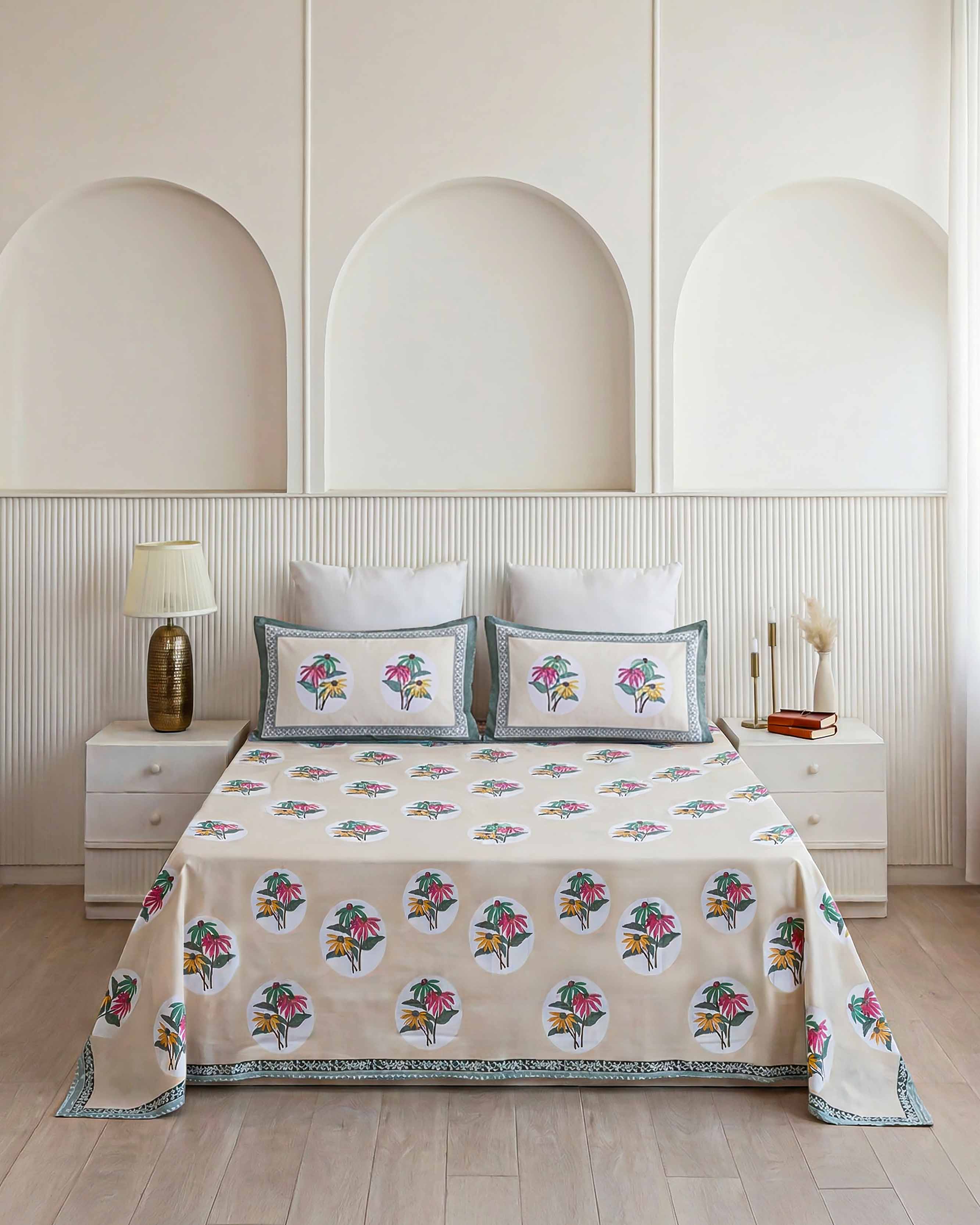 Ornate Teal Central Medallion Pure Cotton King Size Bedsheet