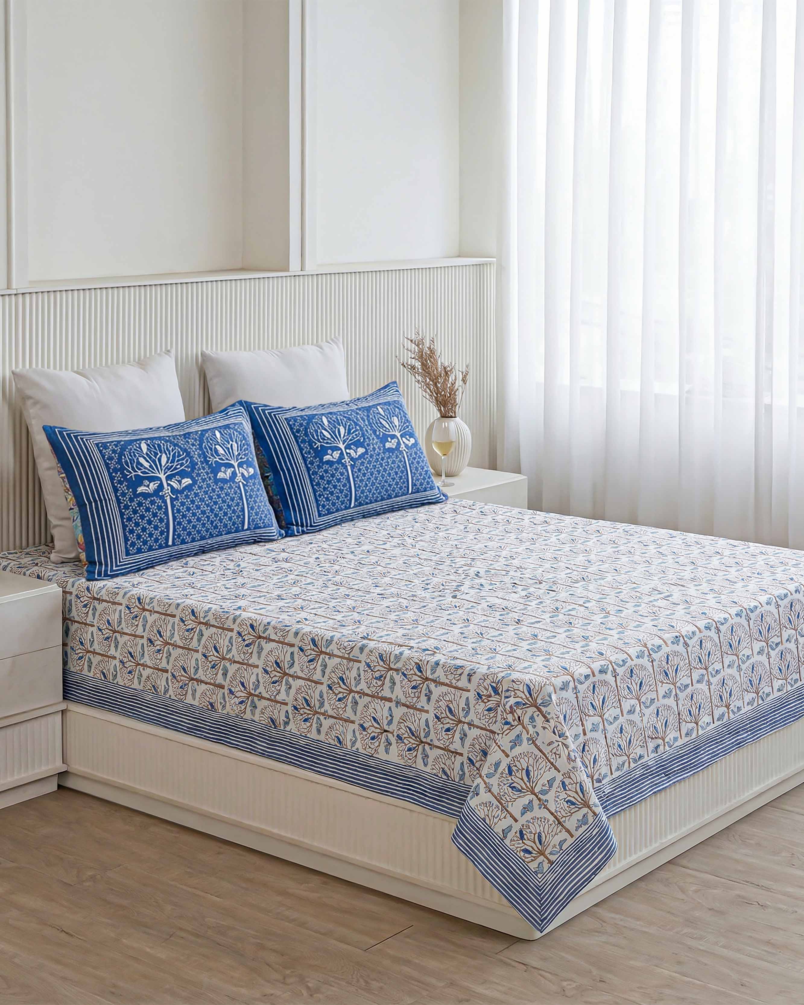 Volery Blue Blooming Grove Pure Cotton King Size Bedsheet