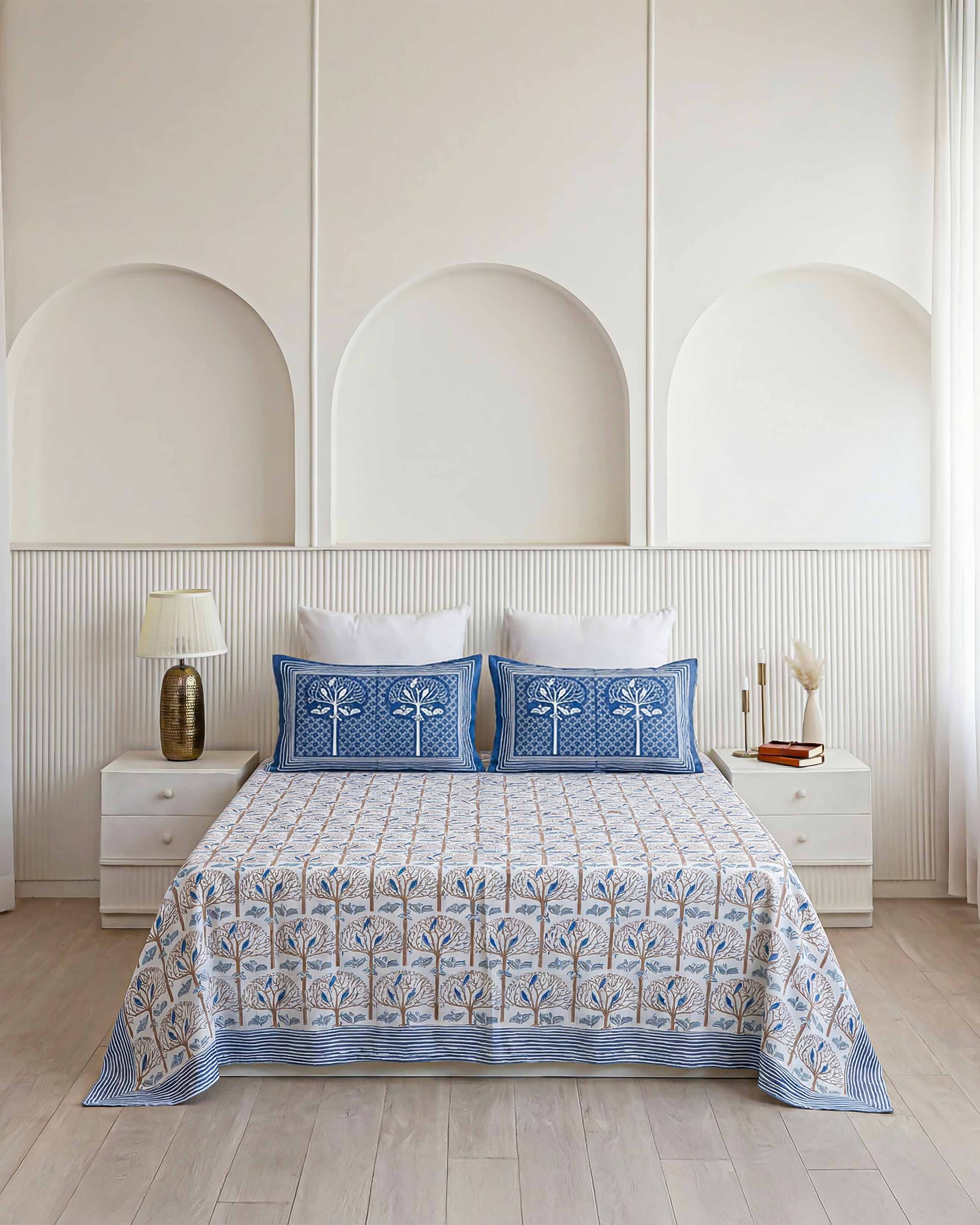 Volery Blue Blooming Grove Pure Cotton King Size Bedsheet