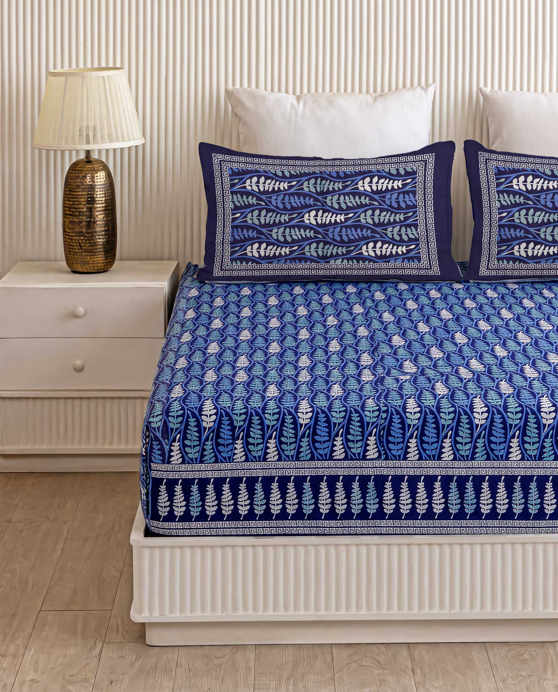 Royal Indigo Fern Leaves Hand-Block Printed King Bedsheet