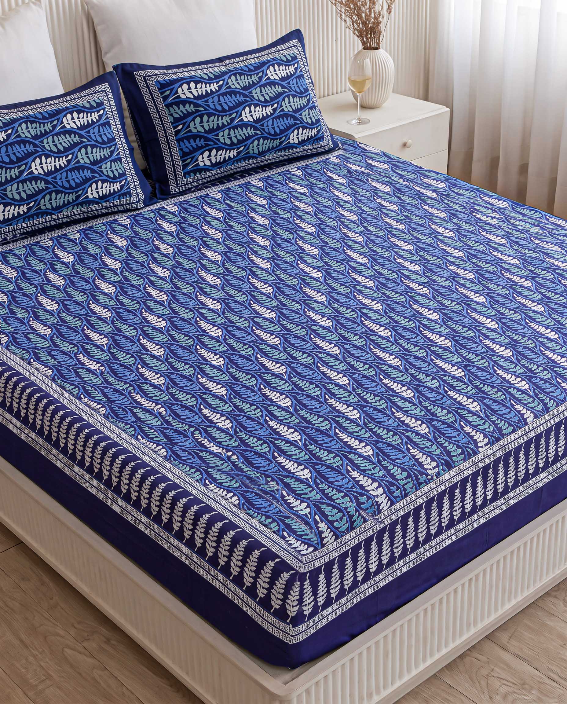 Royal Indigo Fern Leaves Hand-Block Printed King Bedsheet