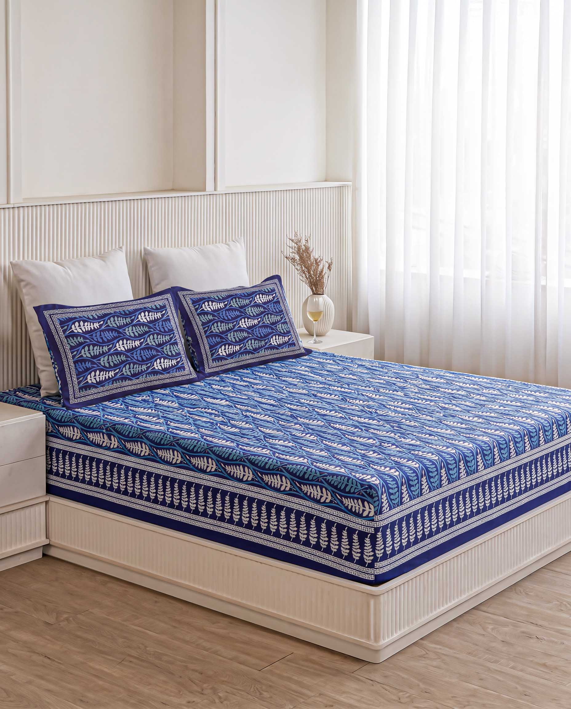 Royal Indigo Fern Leaves Hand-Block Printed King Bedsheet