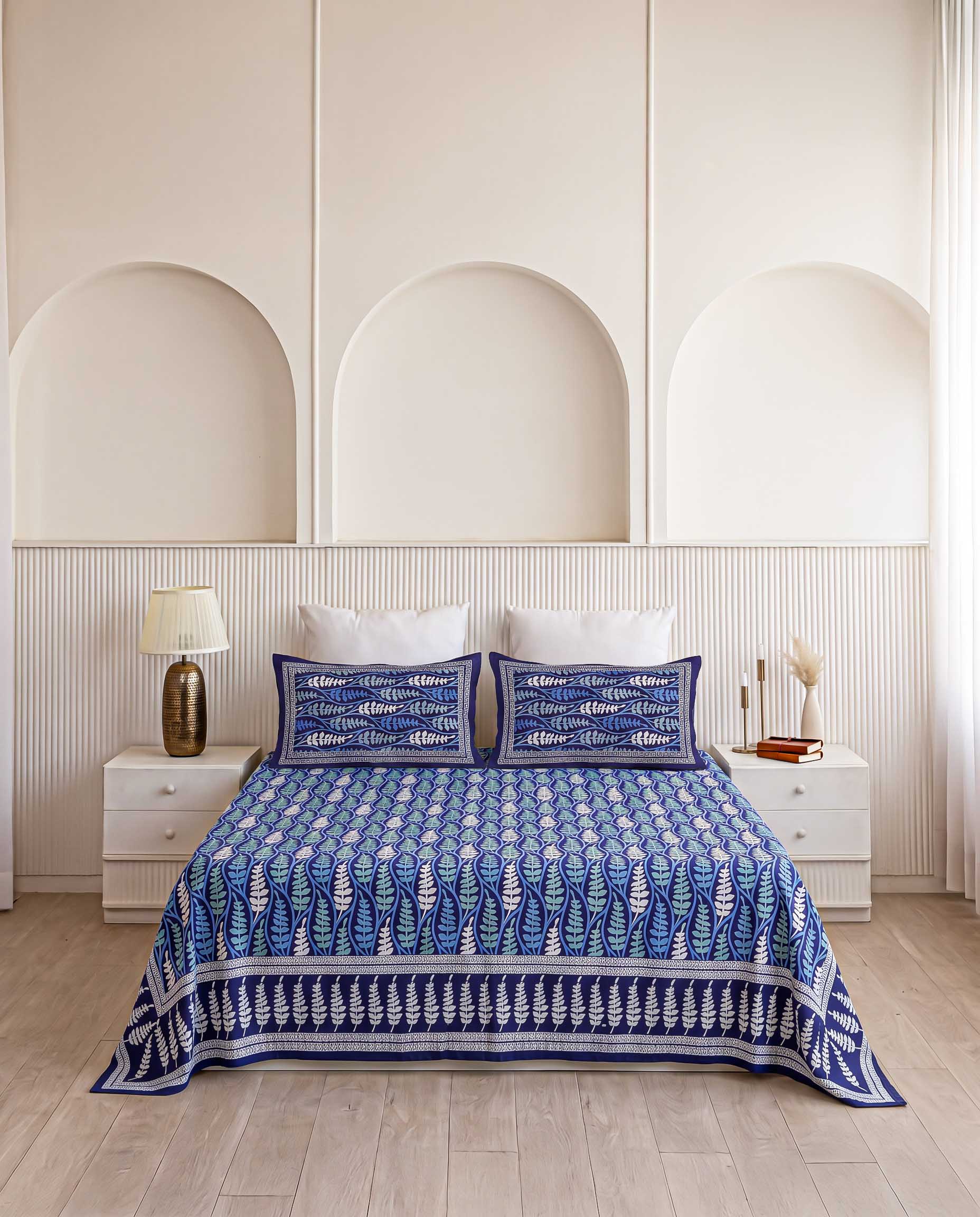 Royal Indigo Fern Leaves Hand-Block Printed King Bedsheet