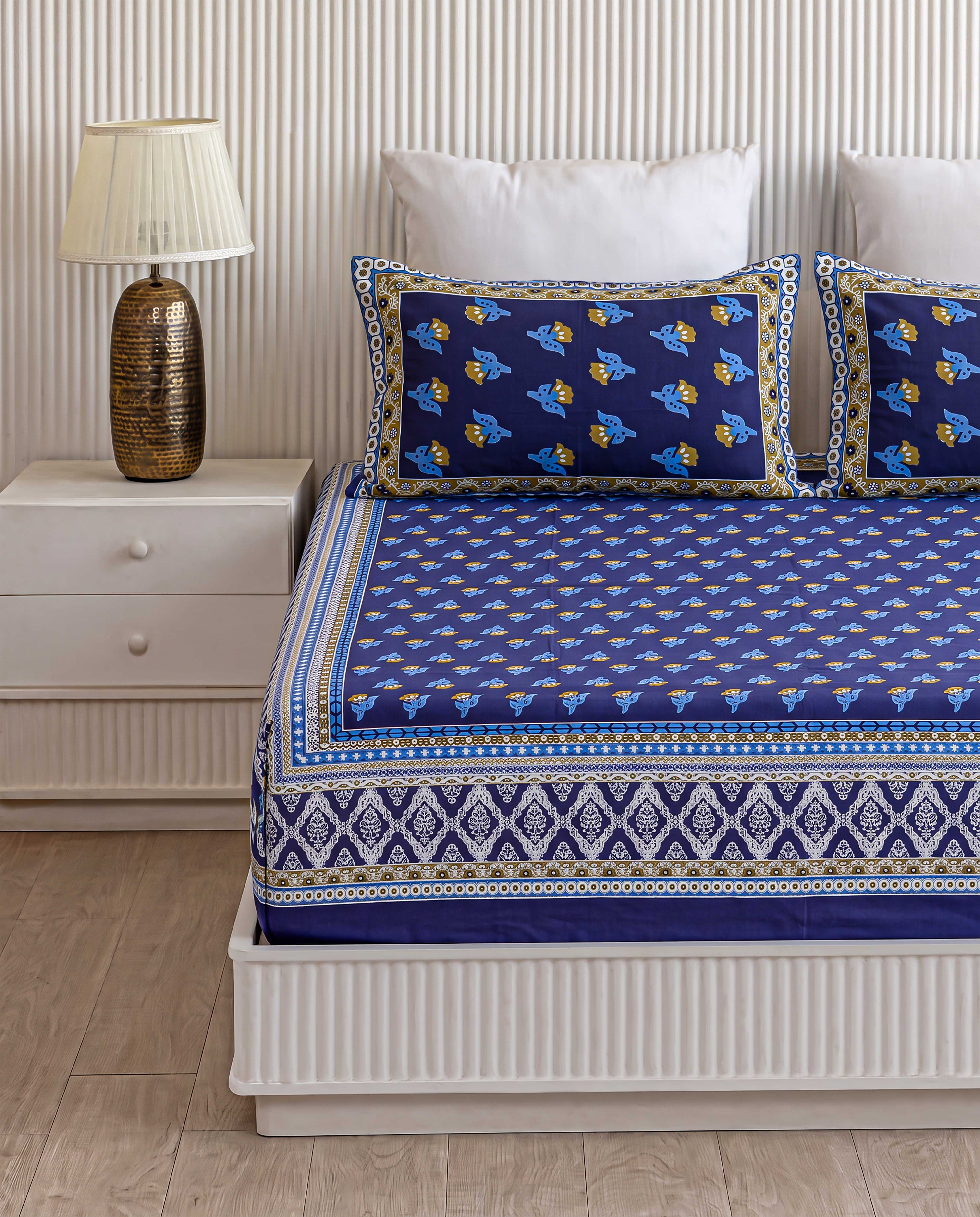 Classic Indigo Floral Buti Hand-Block Printed King Bedsheet