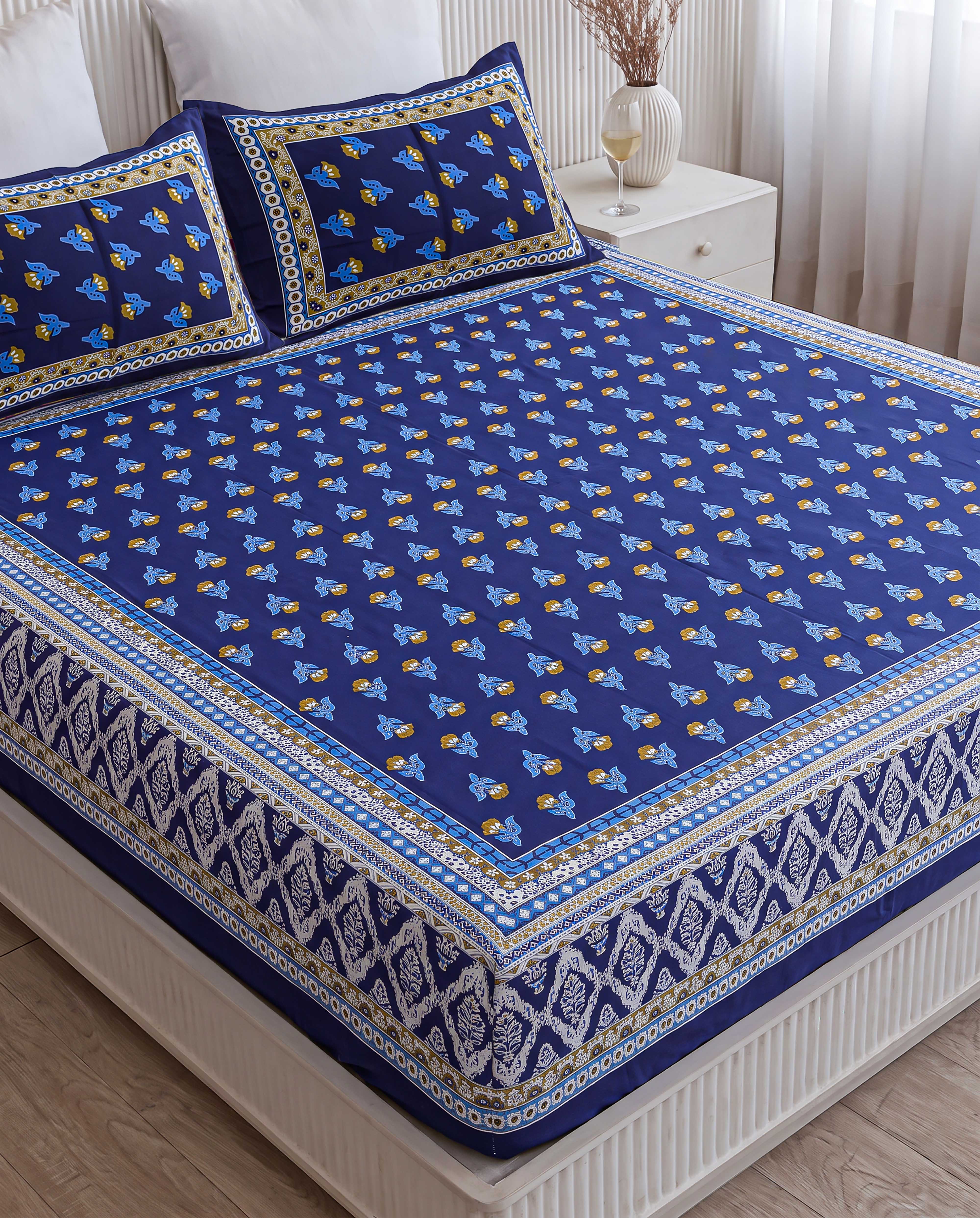Classic Indigo Floral Buti Hand-Block Printed King Bedsheet