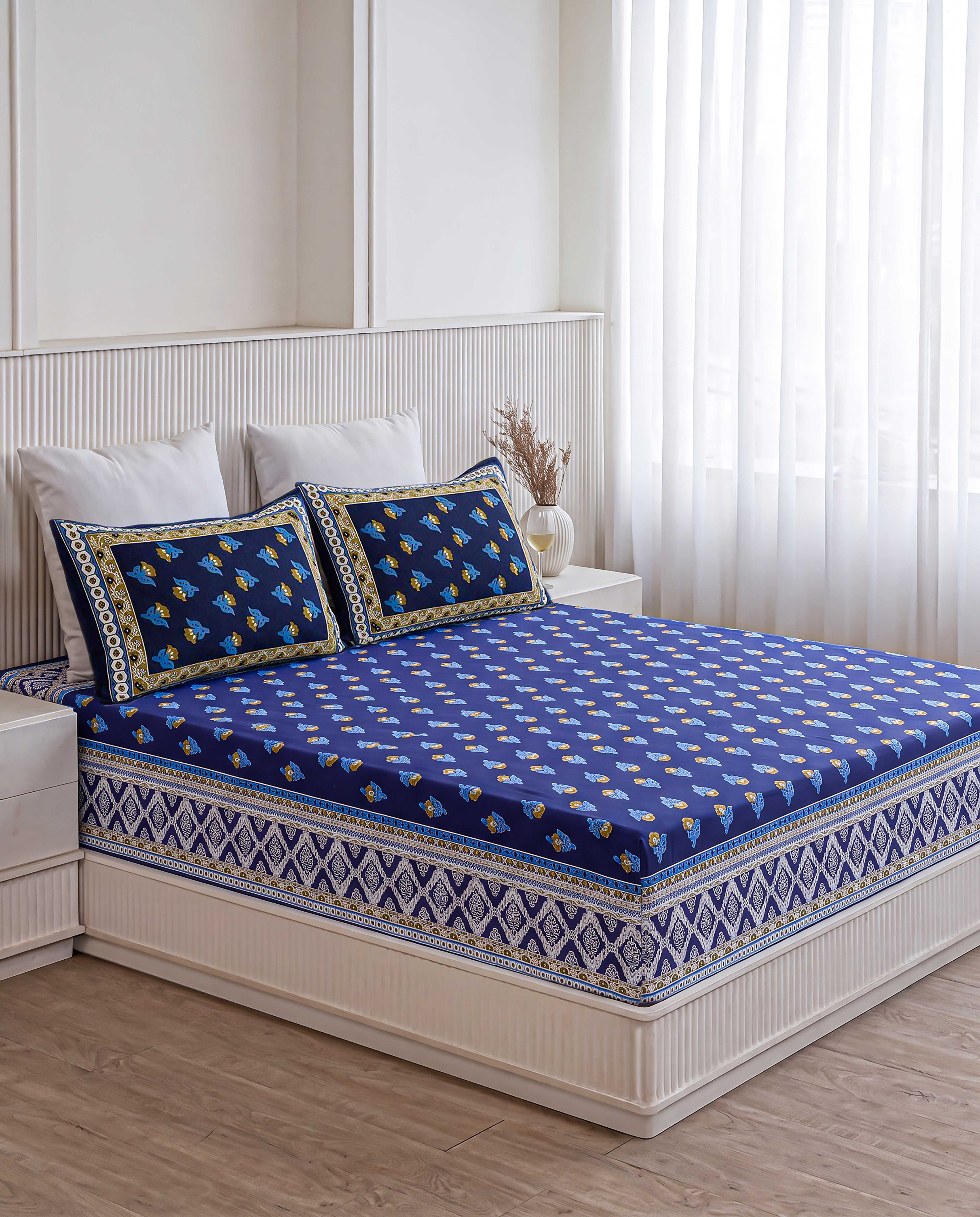 Classic Indigo Floral Buti Hand-Block Printed King Bedsheet
