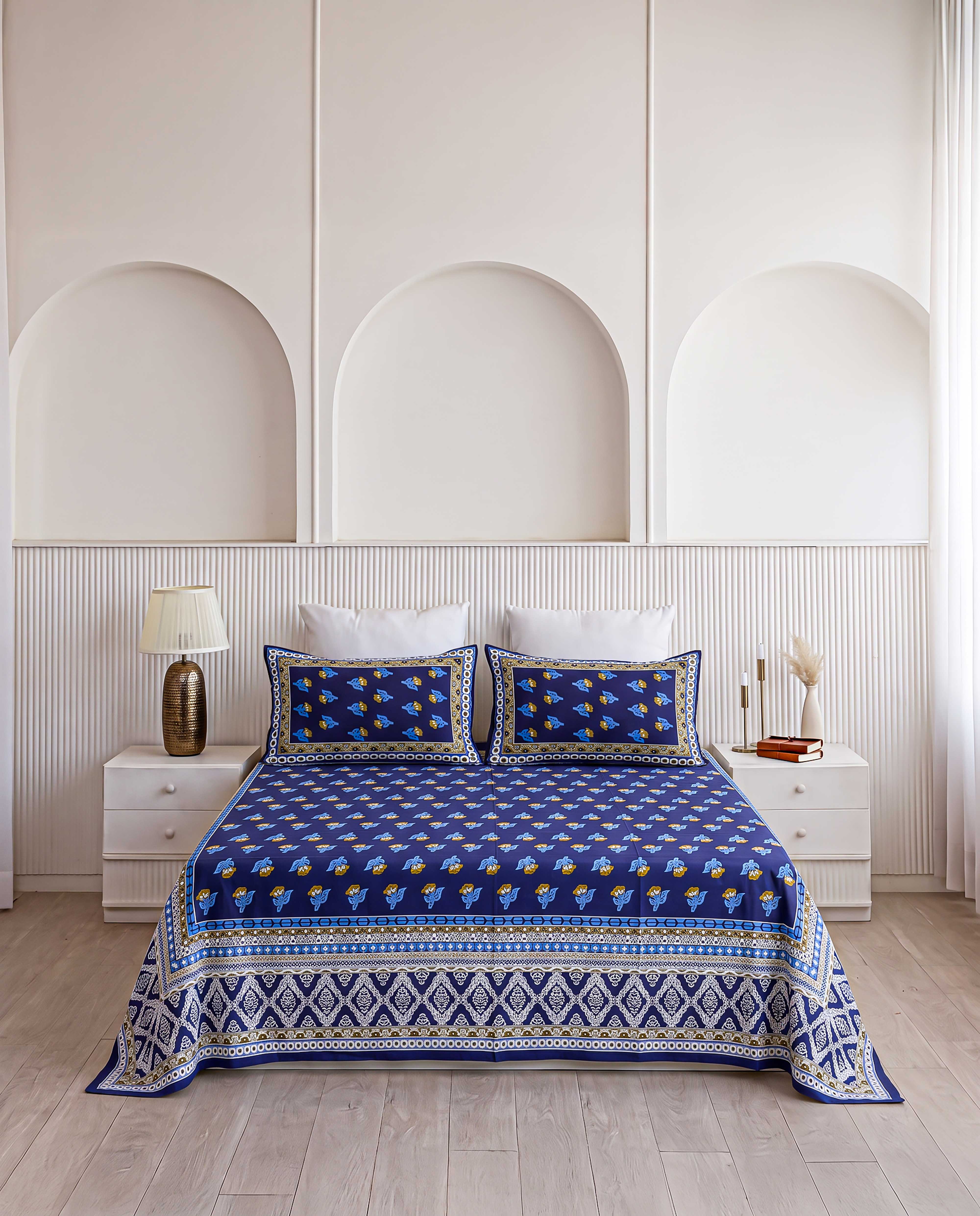 Classic Indigo Floral Buti Hand-Block Printed King Bedsheet