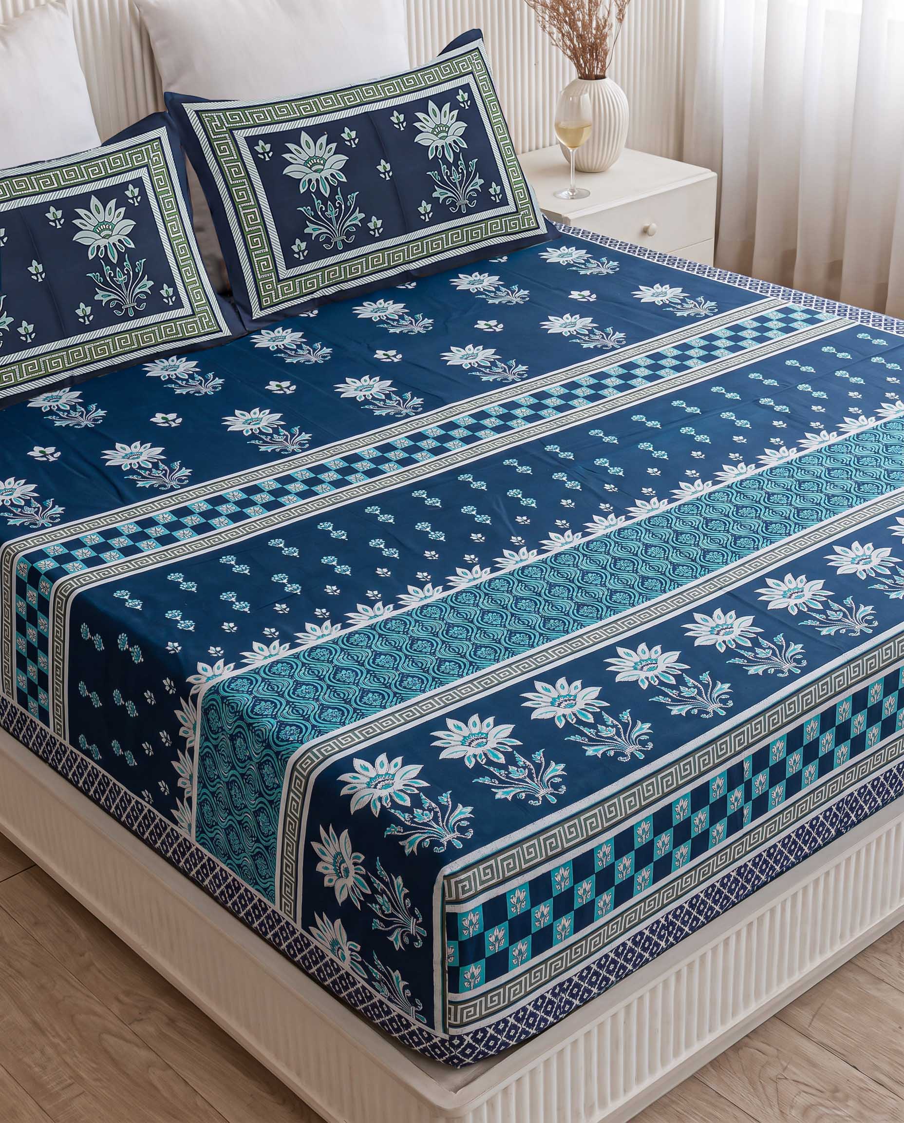 Ocean Lotus Royal Jaal Hand-Block Printed King Bedsheet