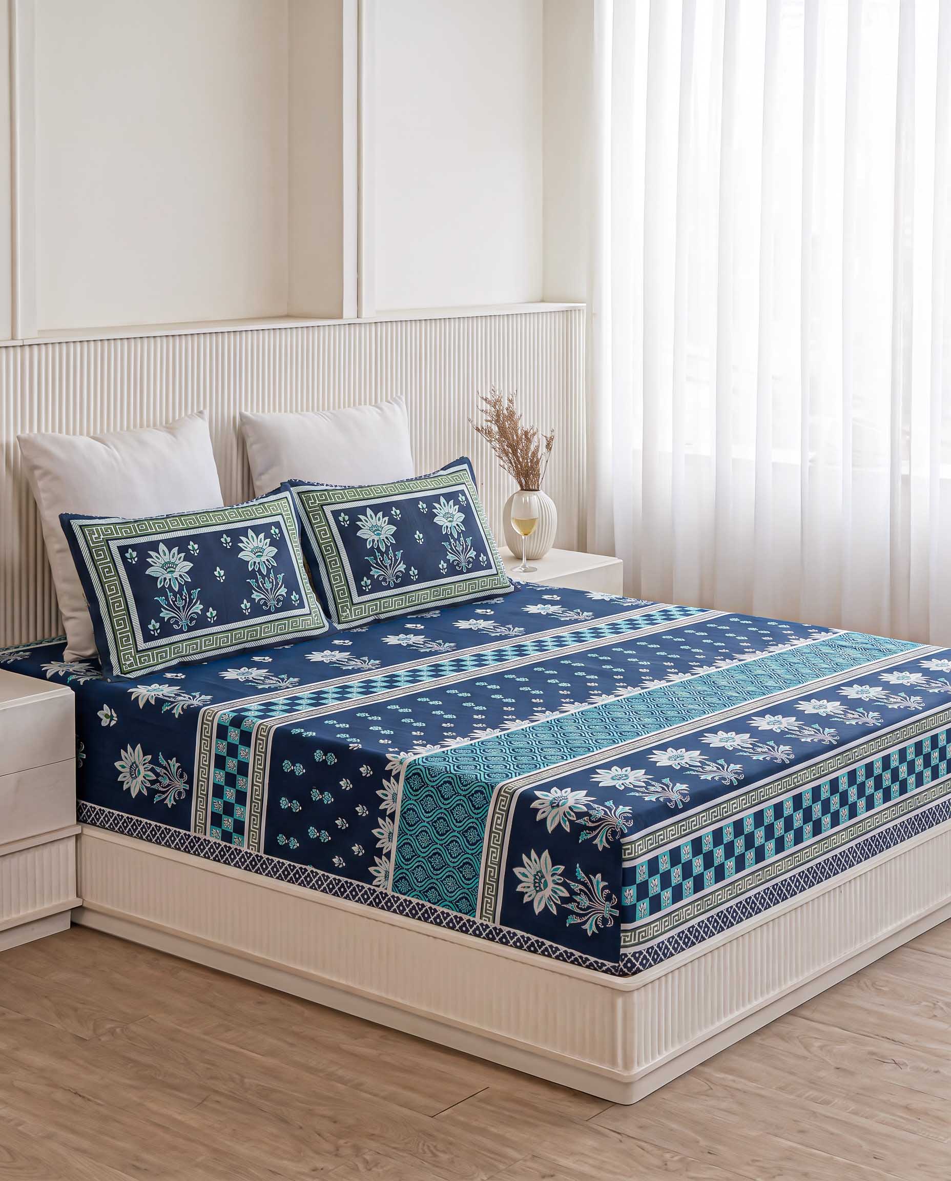 Ocean Lotus Royal Jaal Hand-Block Printed King Bedsheet