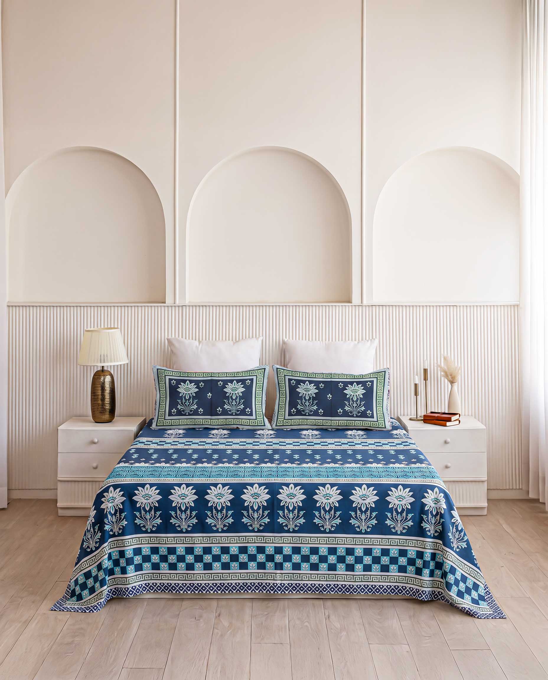 Ocean Lotus Royal Jaal Hand-Block Printed King Bedsheet