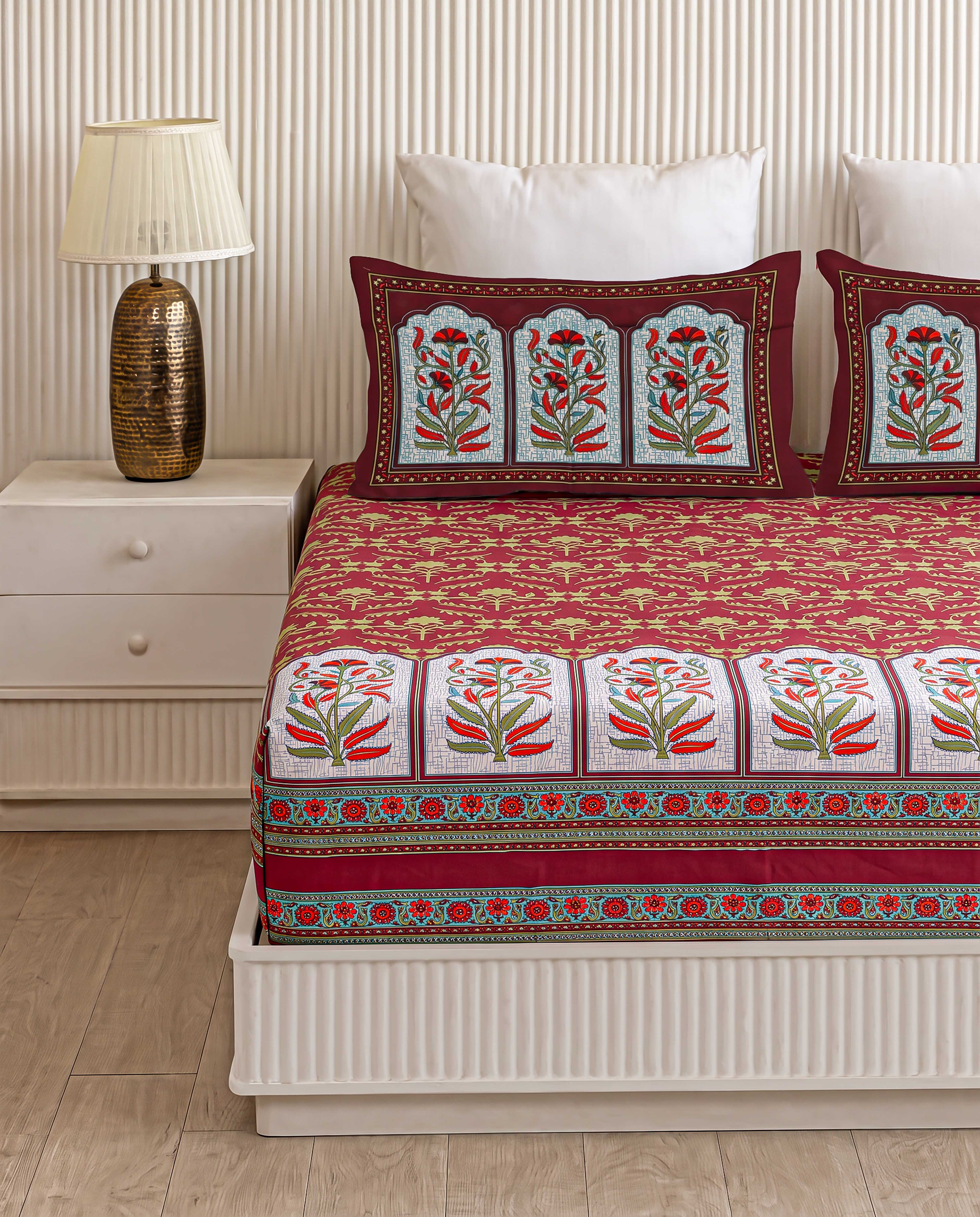 Shahi Crimson Poppy Arch Hand-Block Printed King Bedsheet