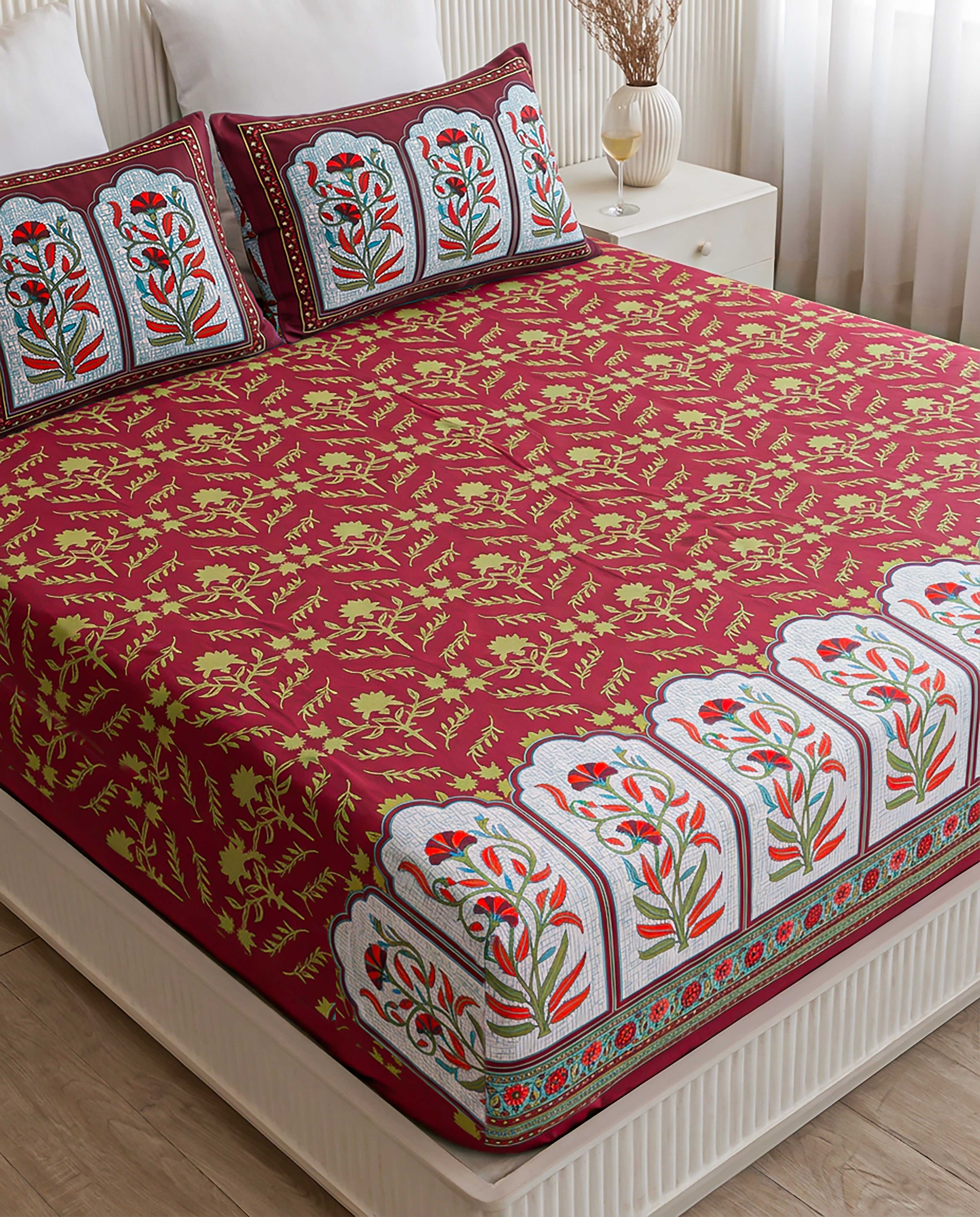 Shahi Crimson Poppy Arch Hand-Block Printed King Bedsheet