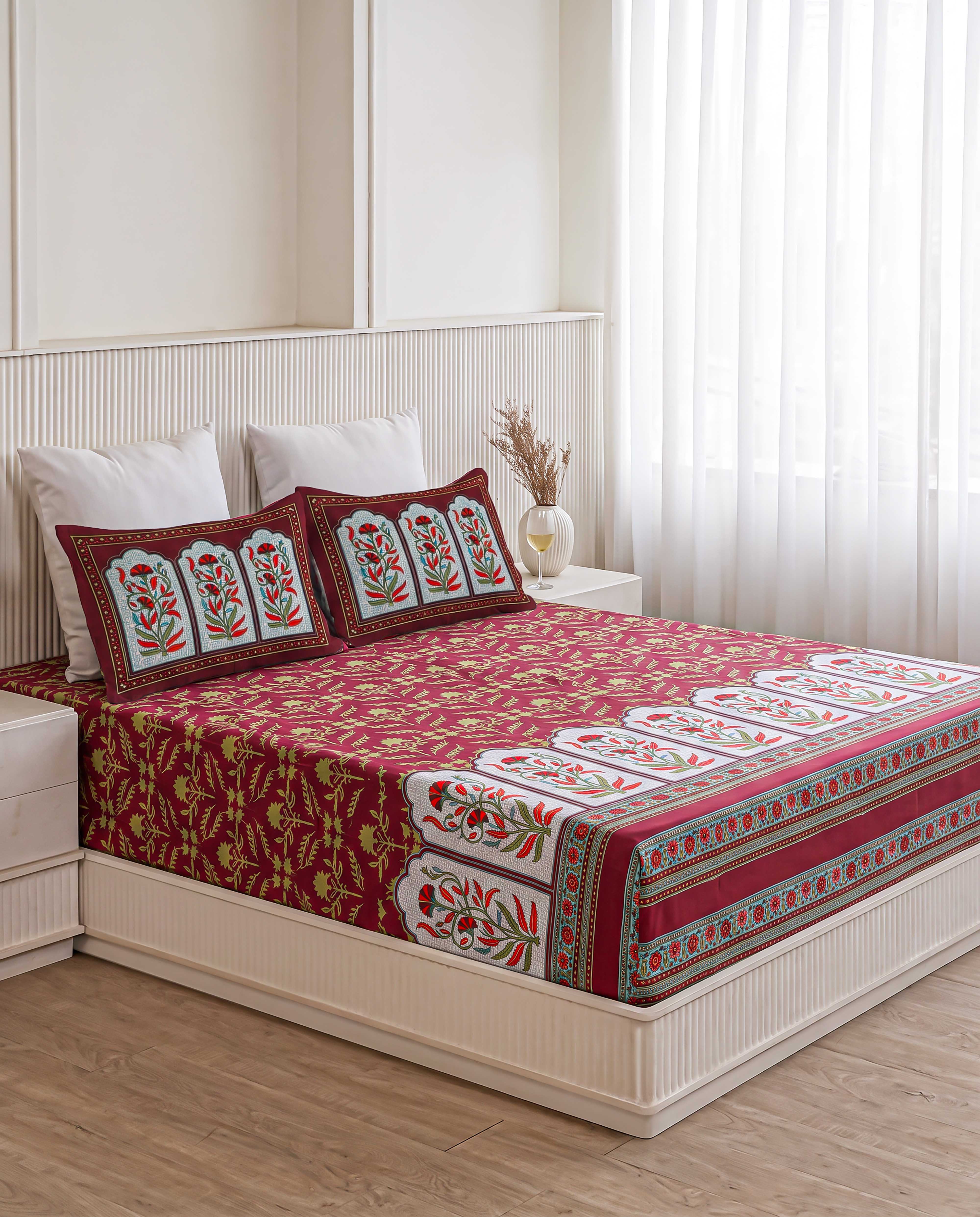Shahi Crimson Poppy Arch Hand-Block Printed King Bedsheet