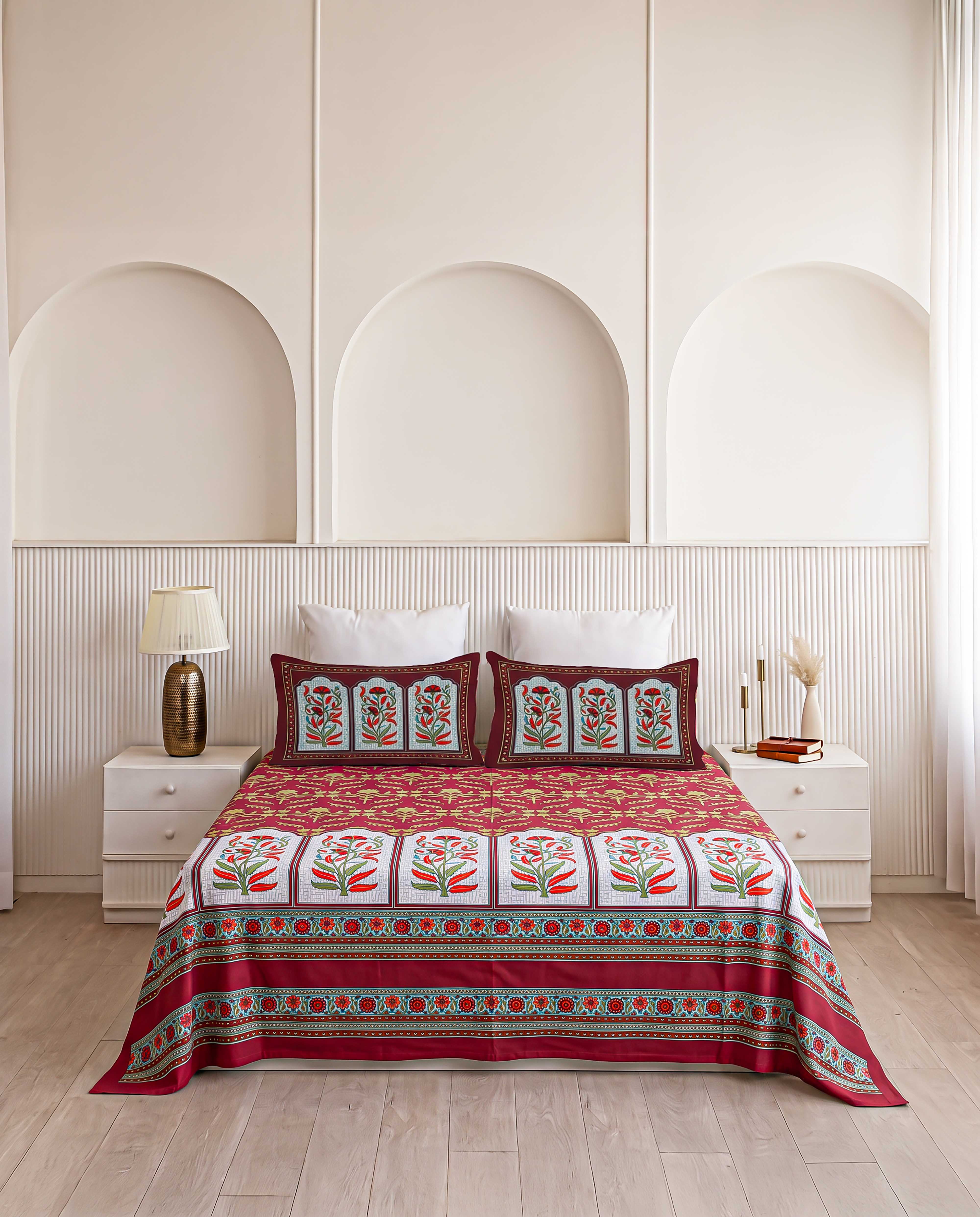 Shahi Crimson Poppy Arch Hand-Block Printed King Bedsheet