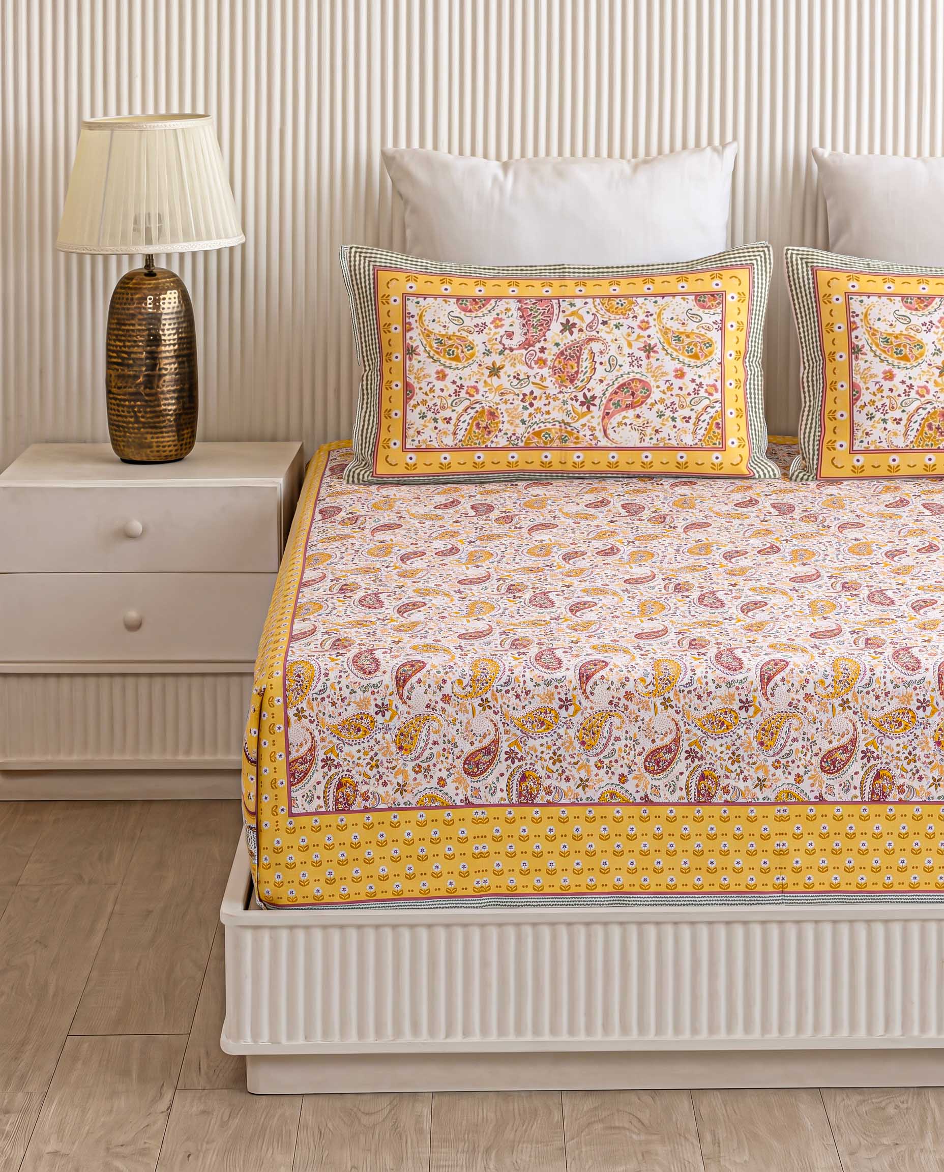 Sunshine Paisley Kalka Hand-Block Printed King Bedsheet