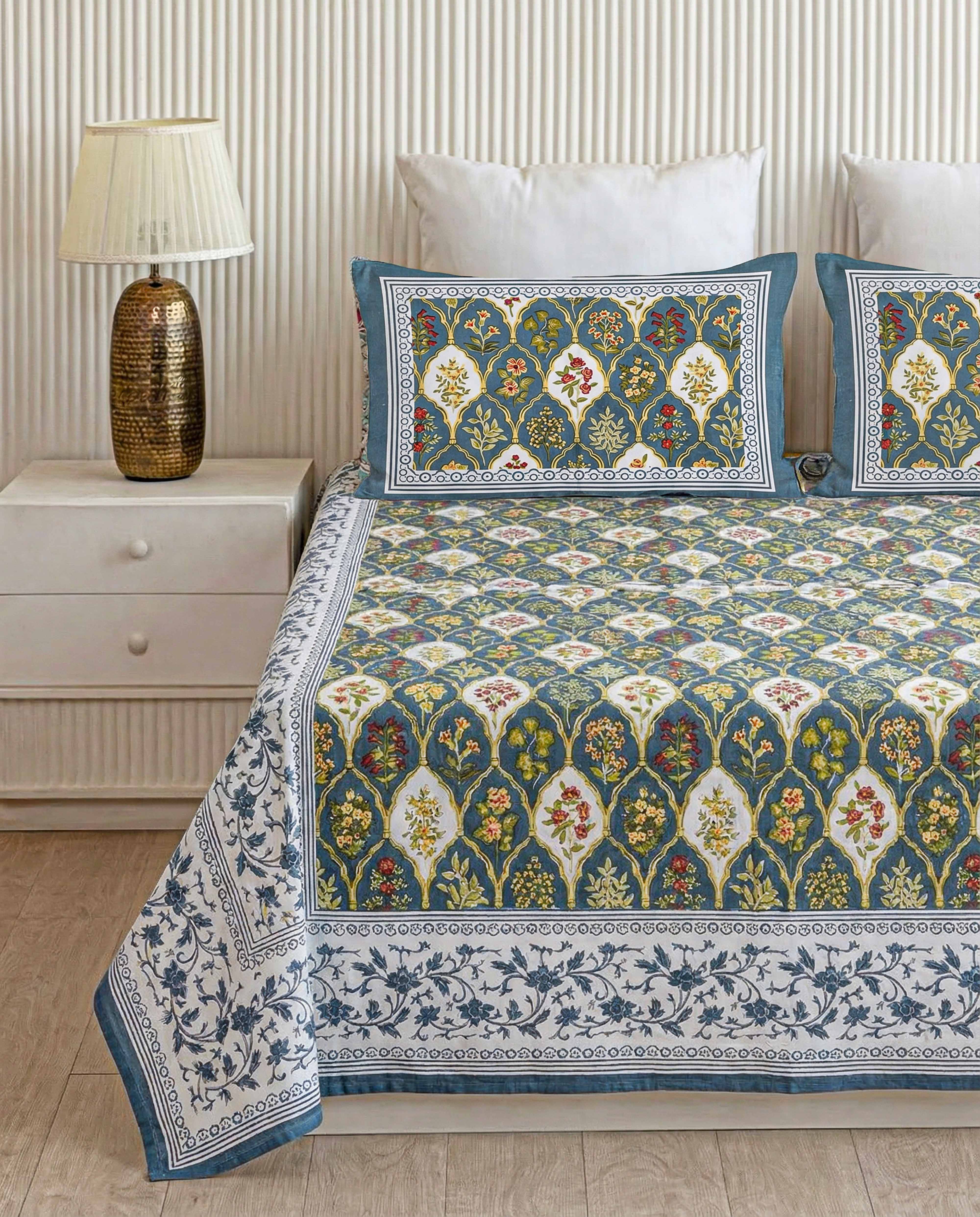Indigo Royal Arch Floral 100% Pure Cotton Double Size Bedsheet