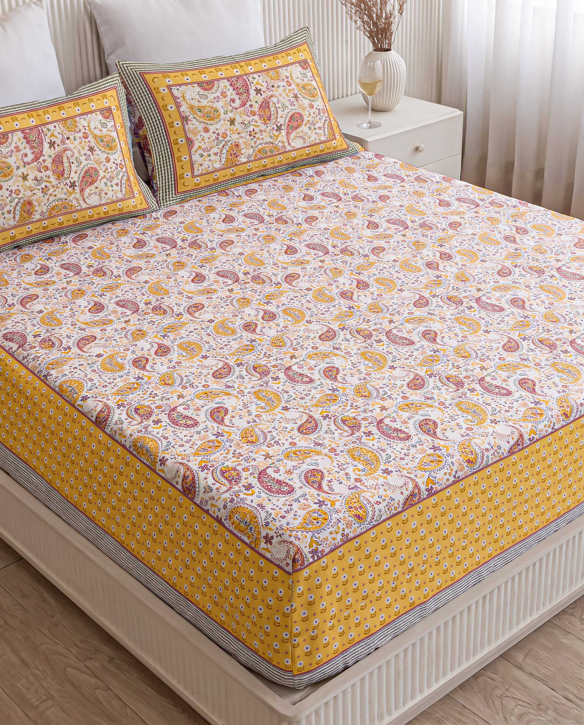 Sunshine Paisley Kalka Hand-Block Printed King Bedsheet