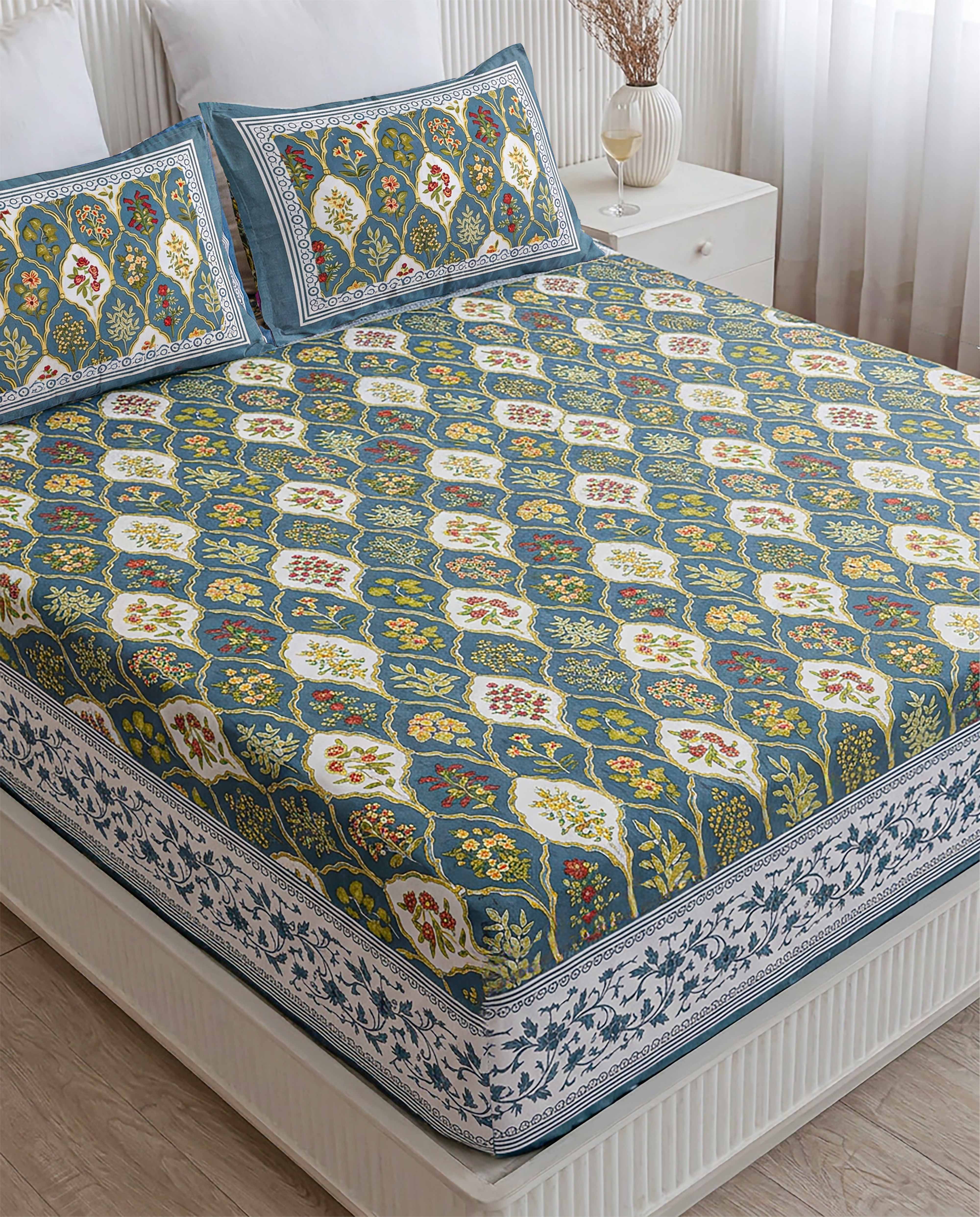 Indigo Royal Arch Floral 100% Pure Cotton Double Size Bedsheet