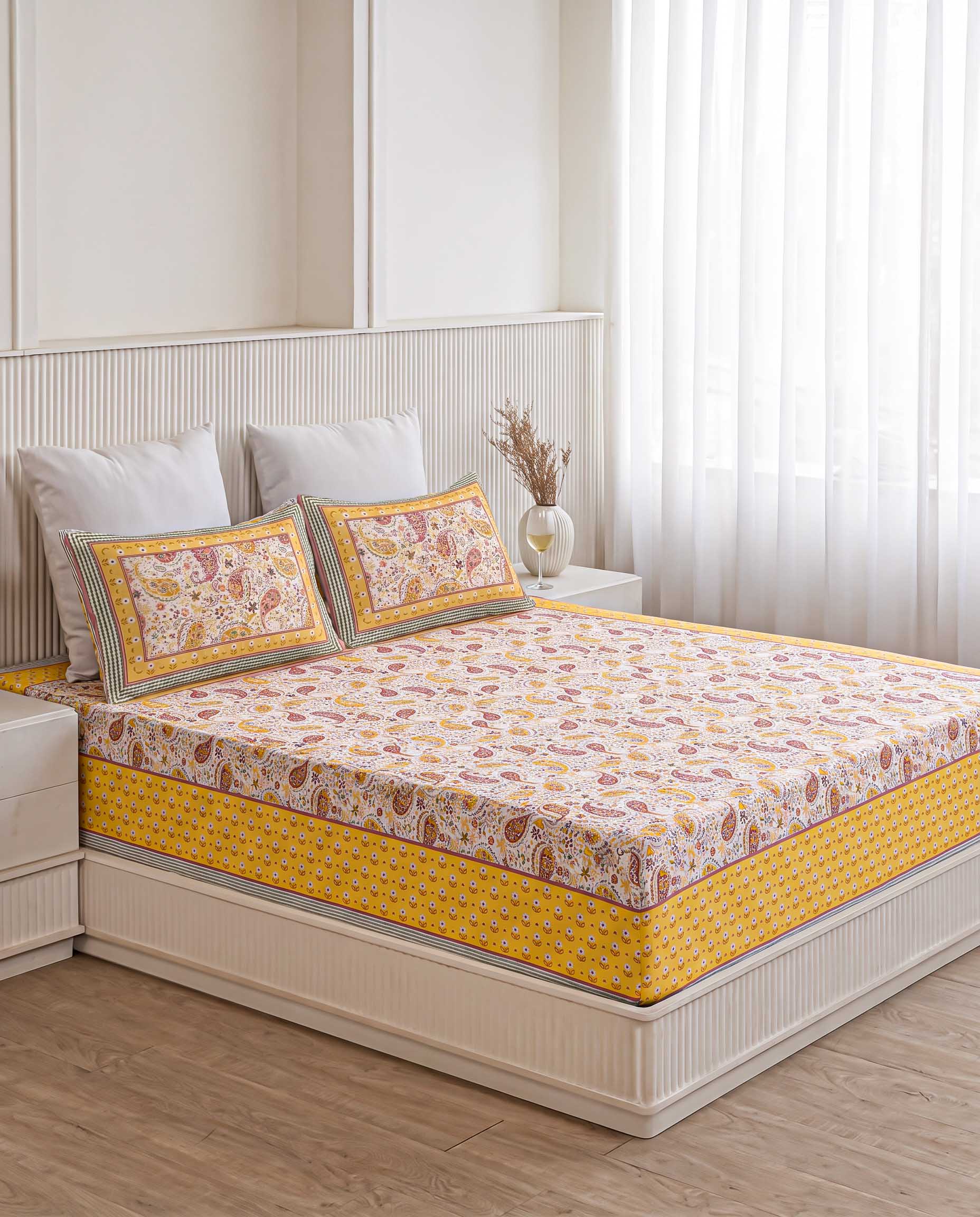 Sunshine Paisley Kalka Hand-Block Printed King Bedsheet