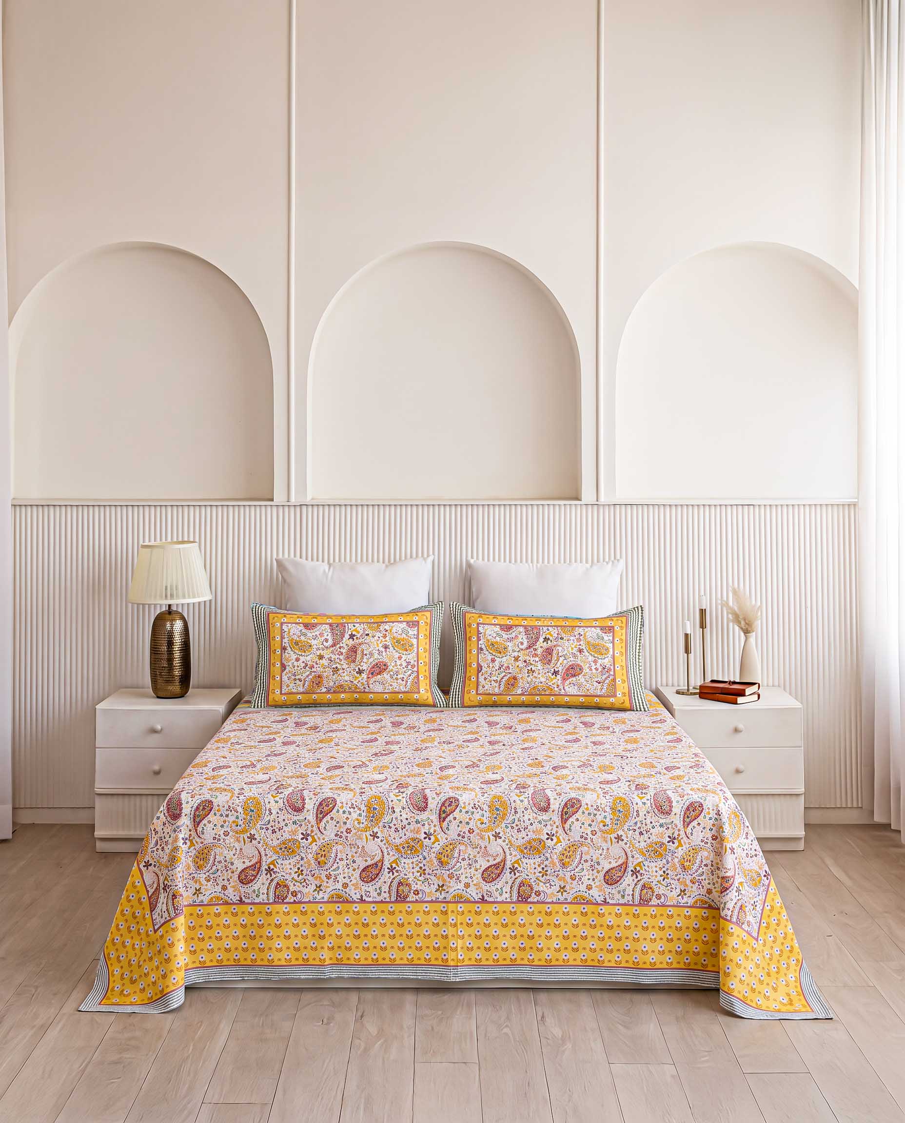 Sunshine Paisley Kalka Hand-Block Printed King Bedsheet