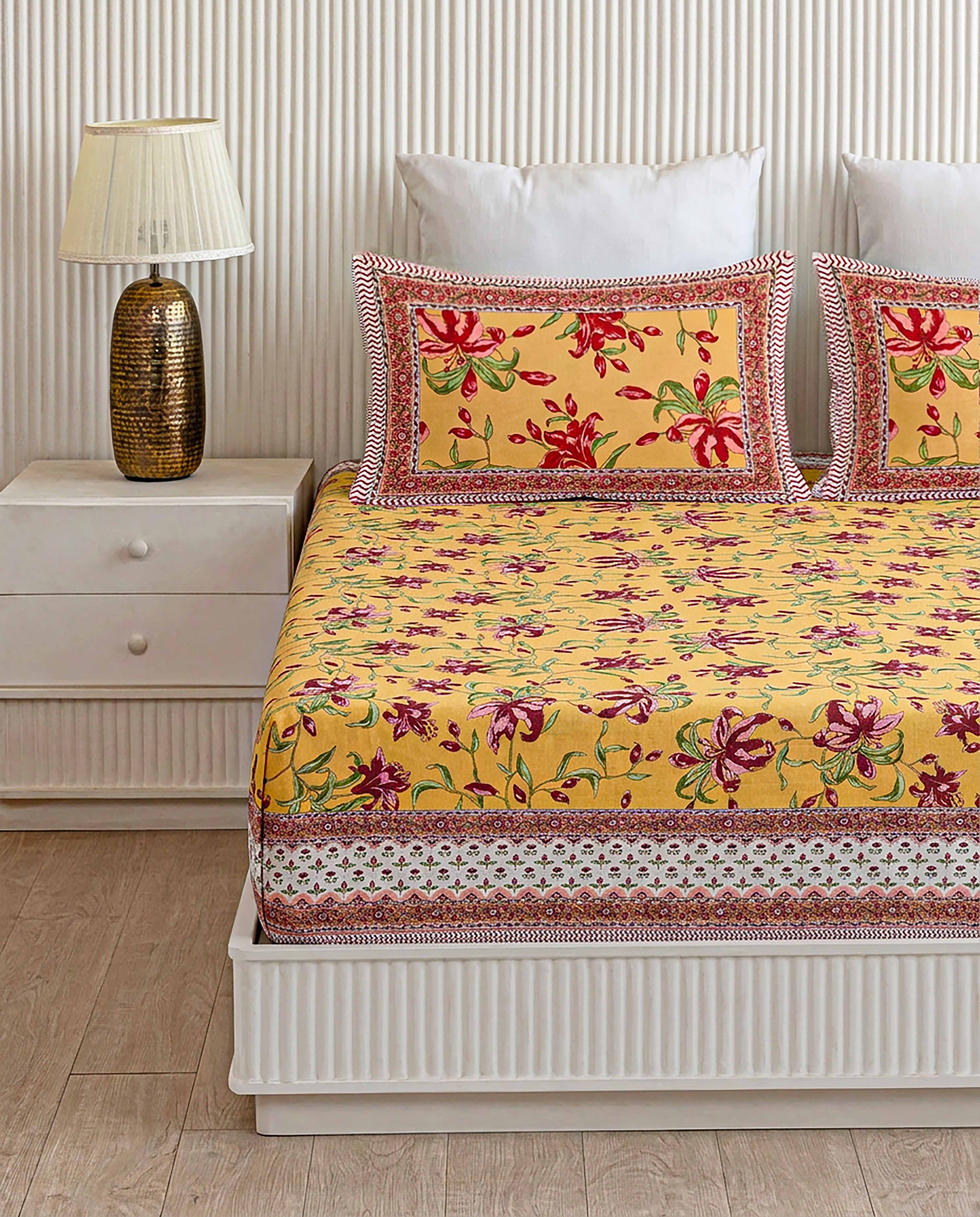 Summer Saffron Meadow 100% Pure Cotton Double Size Bedsheet