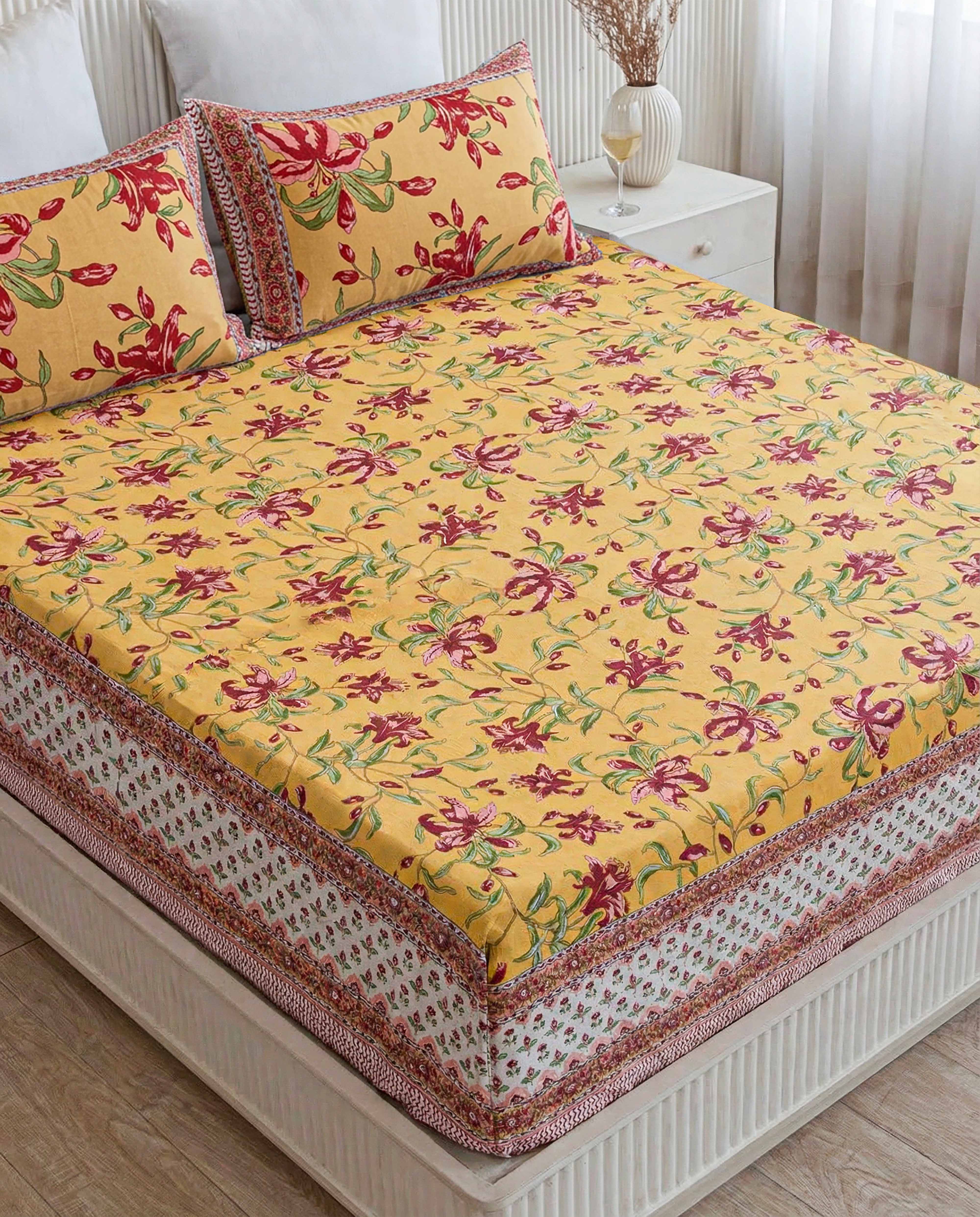 Summer Saffron Meadow 100% Pure Cotton Double Size Bedsheet