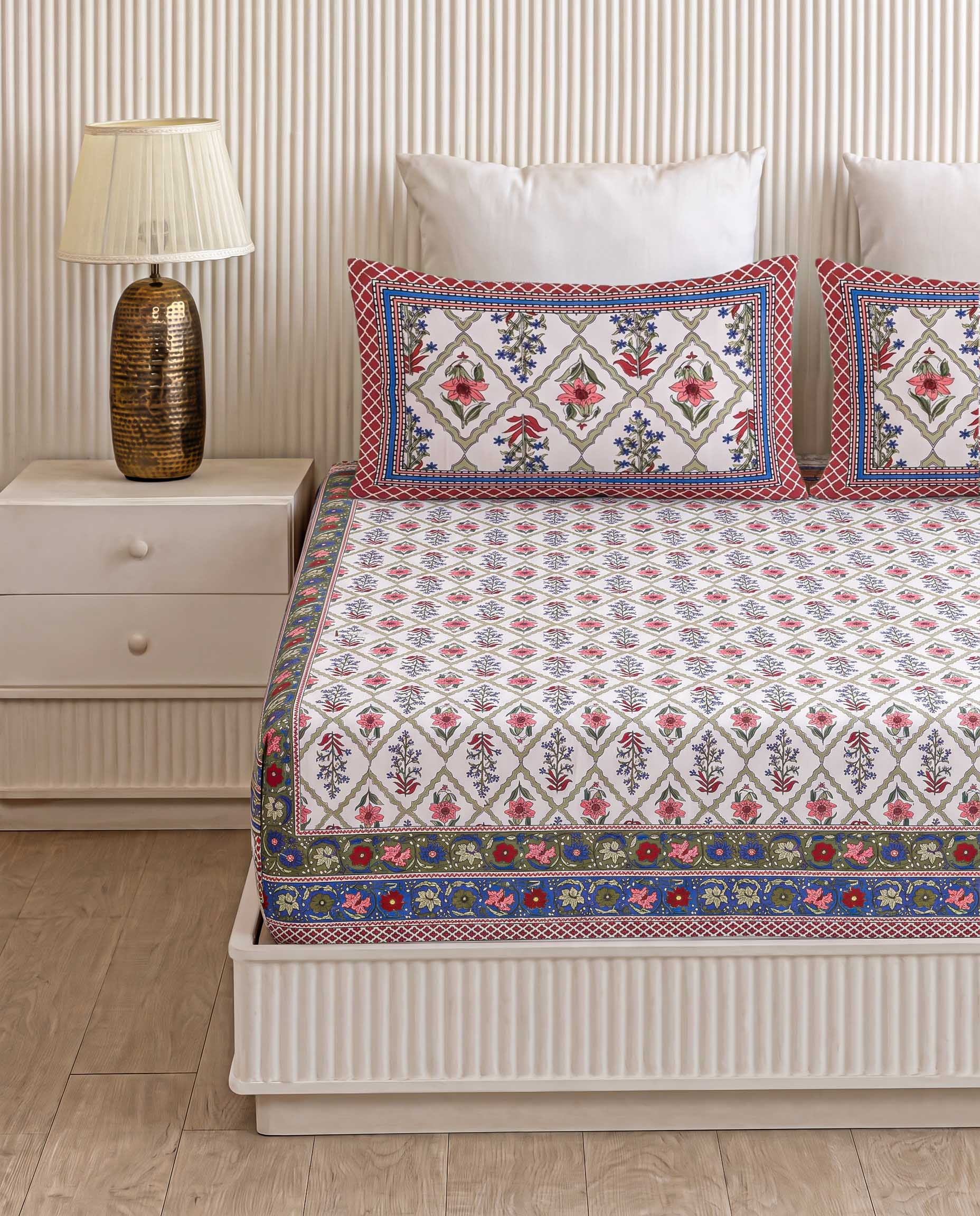 Vibrant Royal Diamond Trellis Hand-Block Printed King Bedsheet