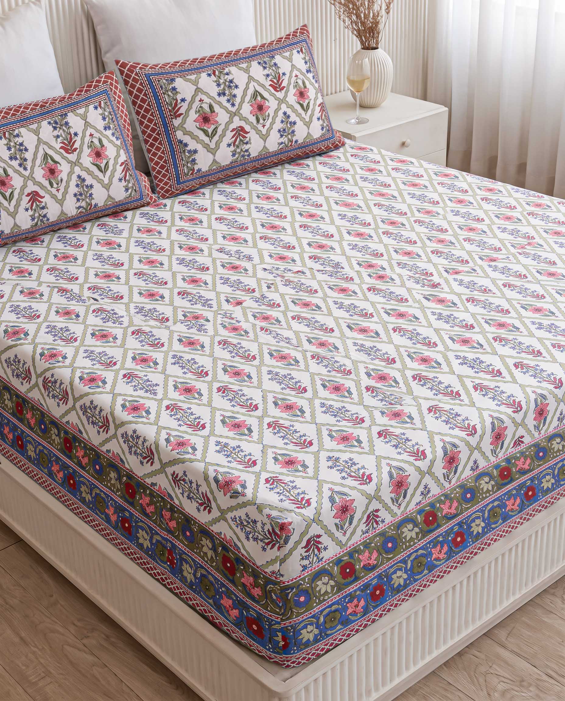 Vibrant Royal Diamond Trellis Hand-Block Printed King Bedsheet