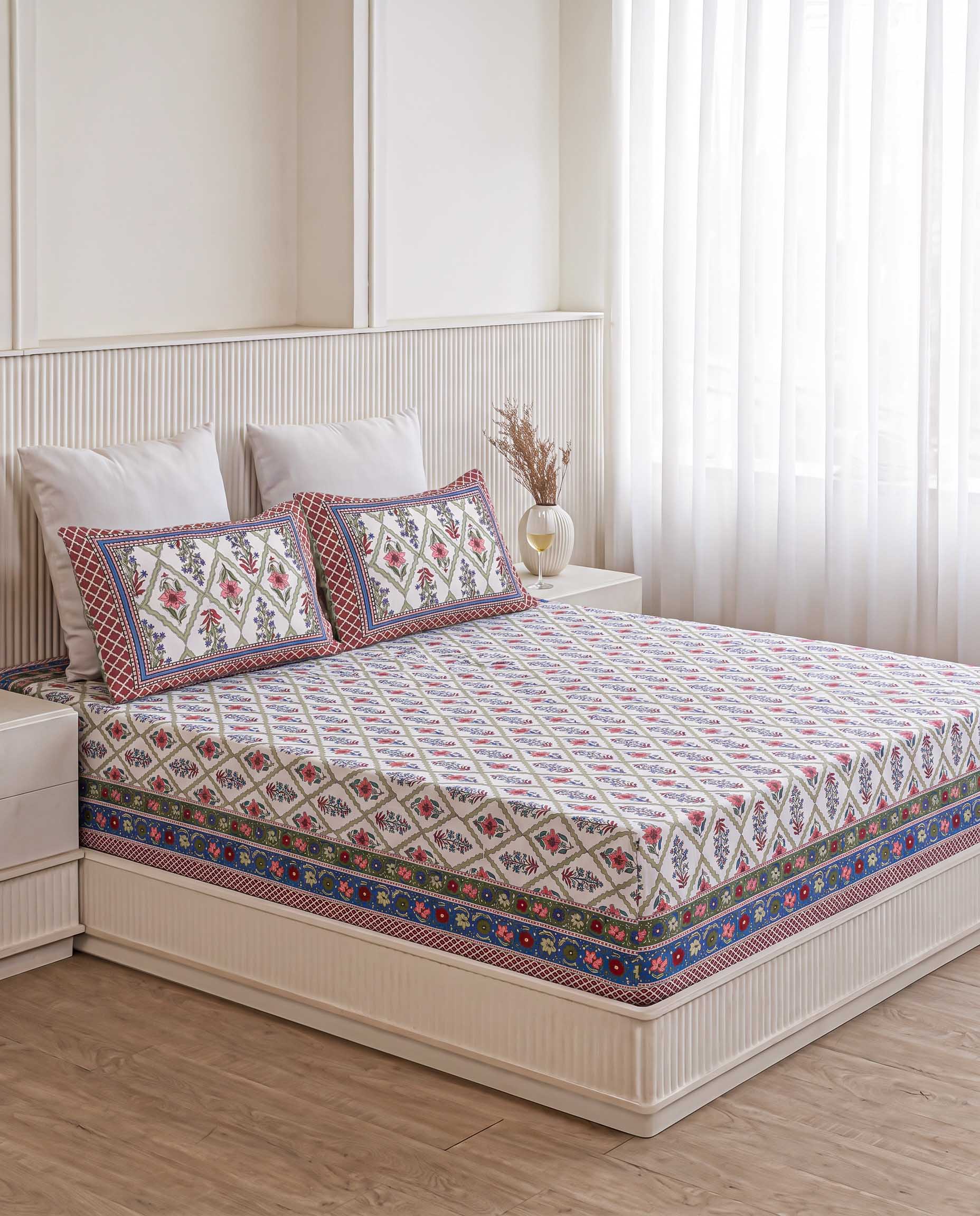 Vibrant Royal Diamond Trellis Hand-Block Printed King Bedsheet